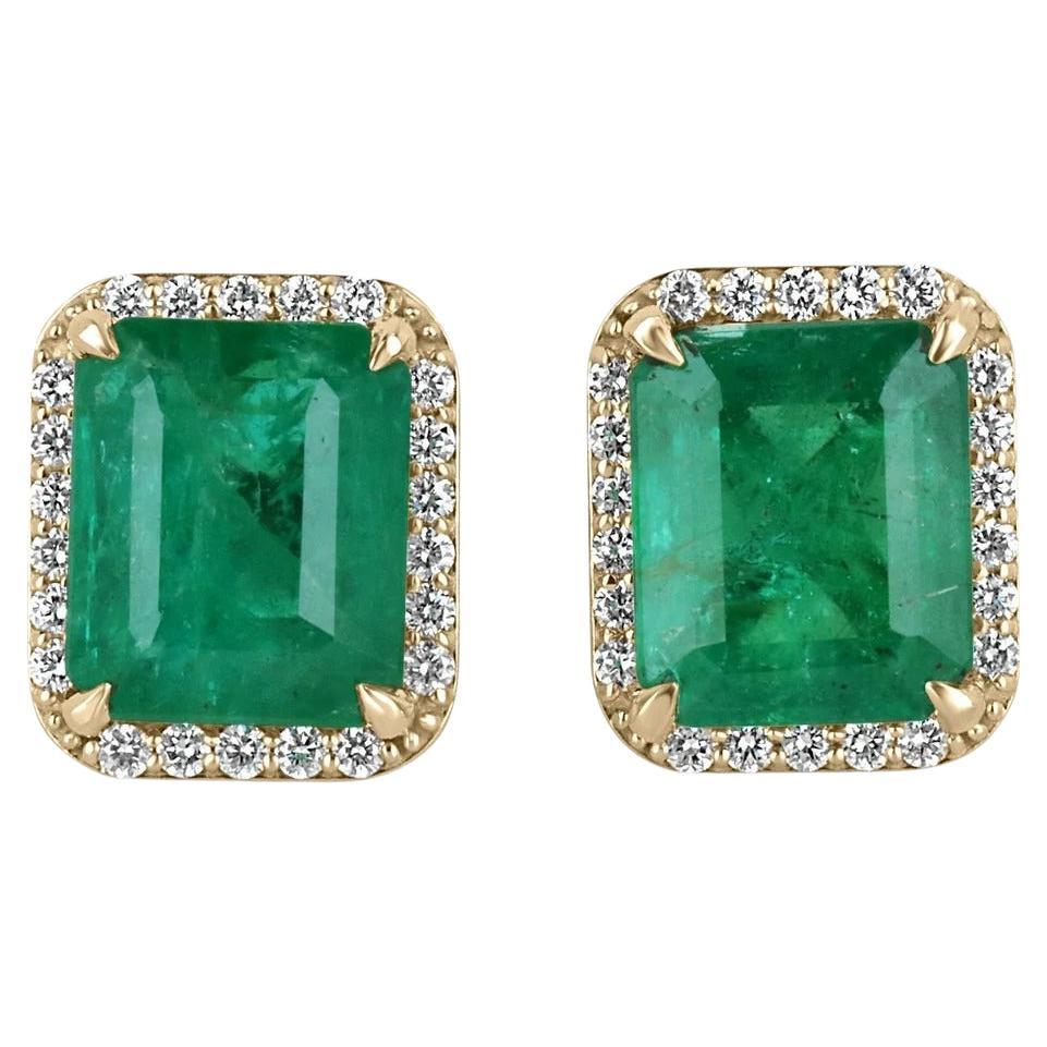 8.40tcw 14K Lush Dark Green Emerald Cut Emerald & Diamond Halo Stud Earrings For Sale