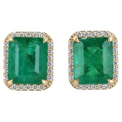 8.40tcw 14K Lush Dark Green Emerald Cut Emerald & Diamond Halo Stud Earrings