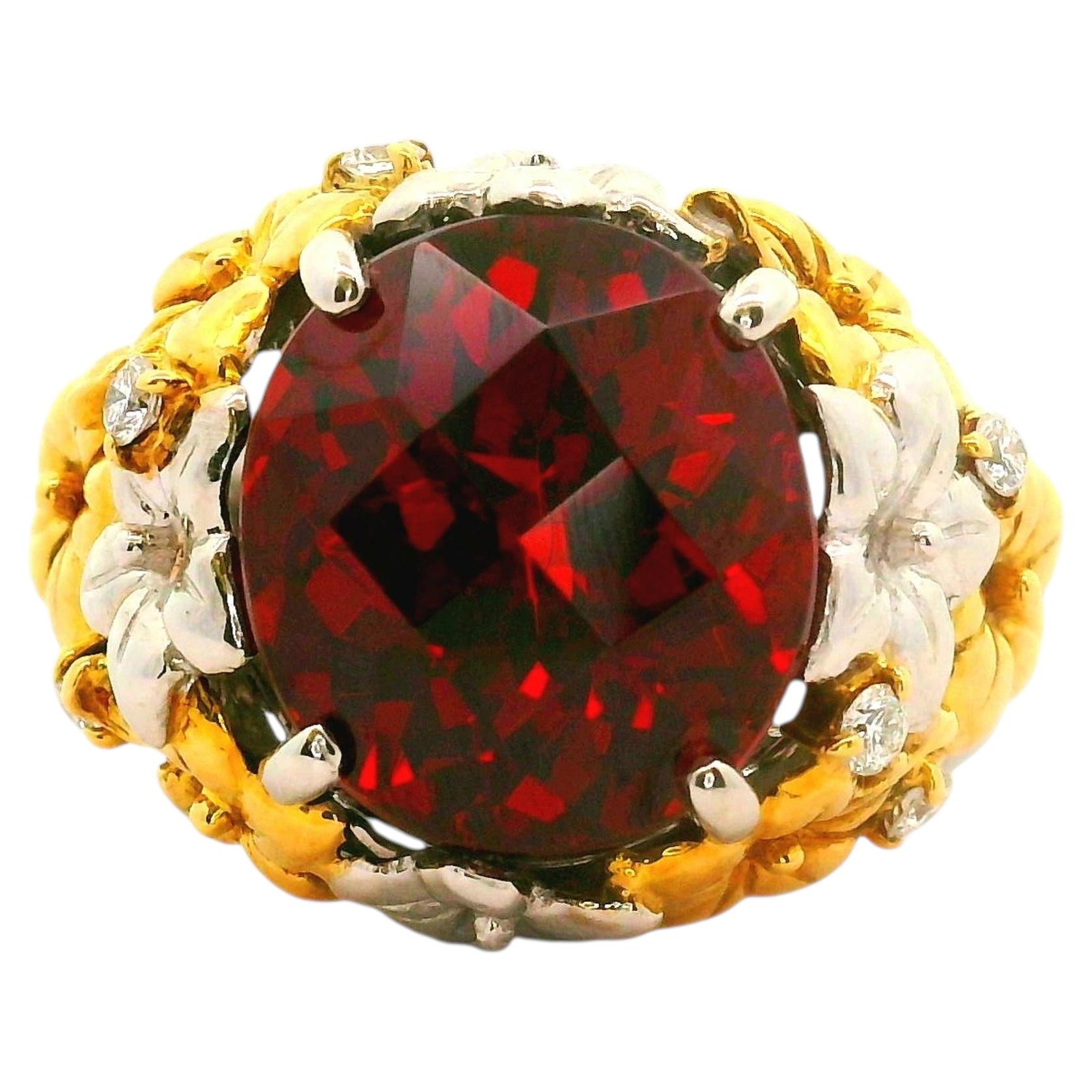 8.41 Carat Garnet Diamond Platinum-18K Yellow Gold Flower Motif Ring