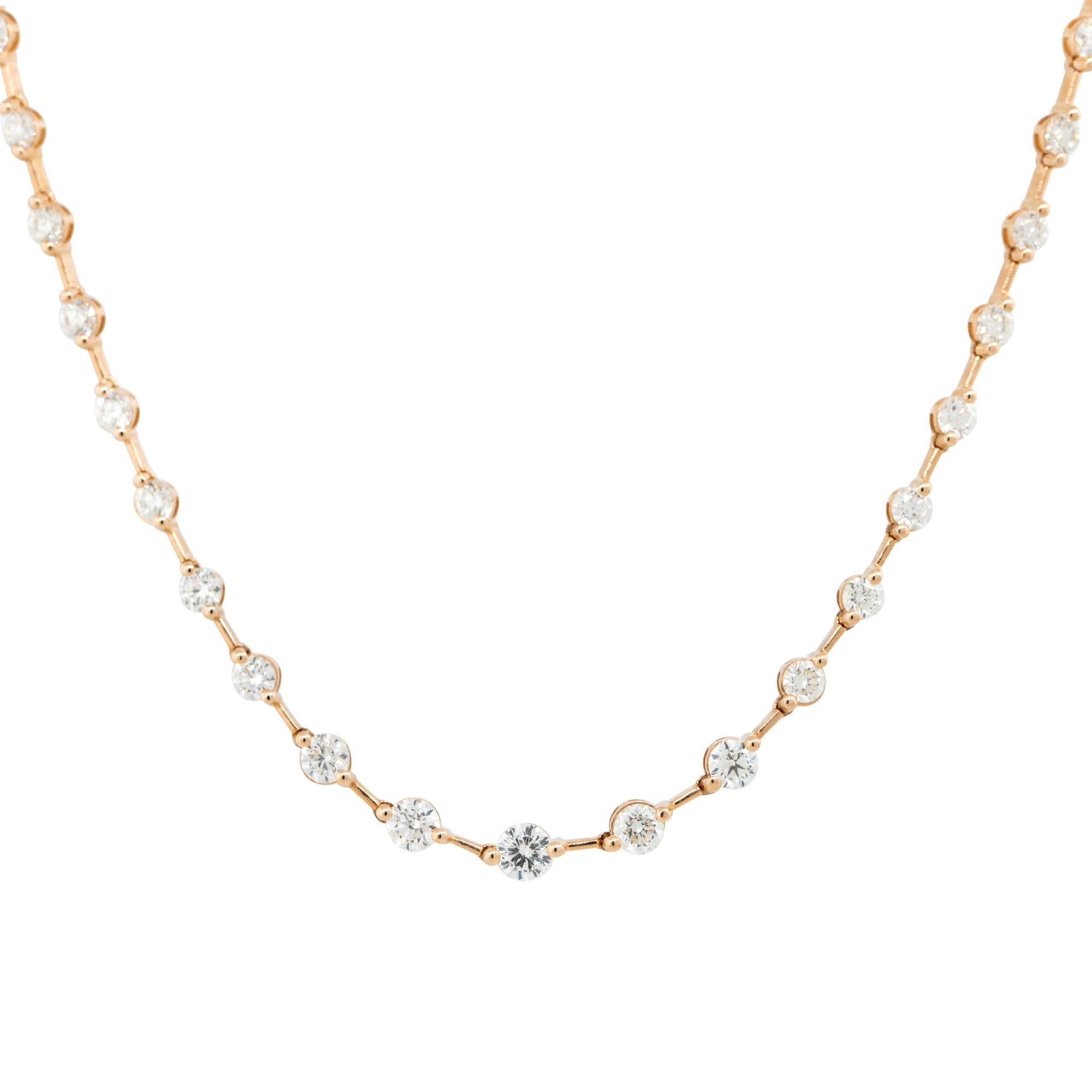 18k Rose Gold 8.41ctw Round Brilliant Diamond Station Necklace
Material: 18k Rose Gold
Diamond Details: Approximately 8.41ctw of Round Brilliant cut Diamonds. There are 48 stones total. Diamonds are approximately H/I in color and approximately SI in