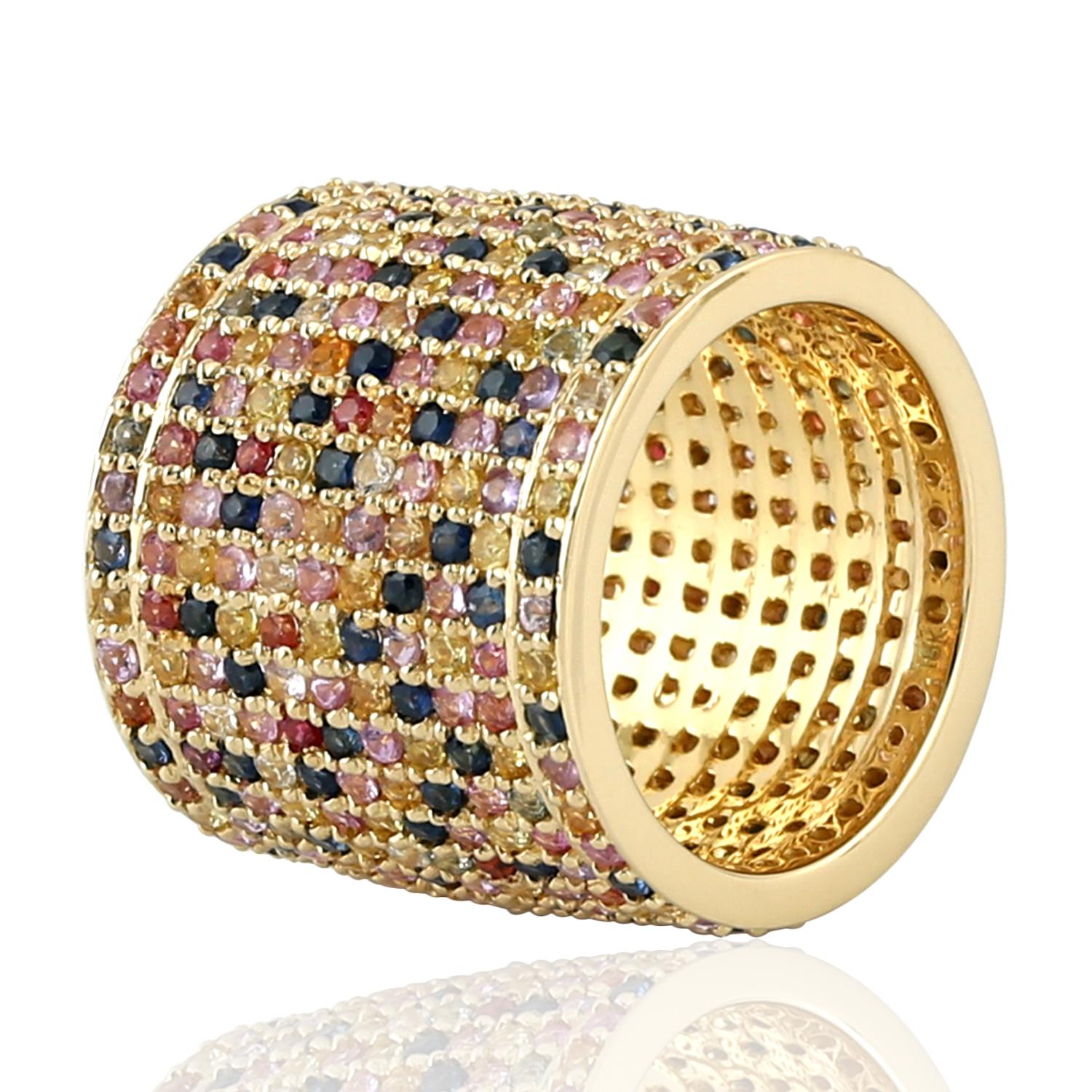 Contemporary 8.42 Carat Multi Sapphire Cigar Diamond 18 Karat Gold Cocktail Ring For Sale
