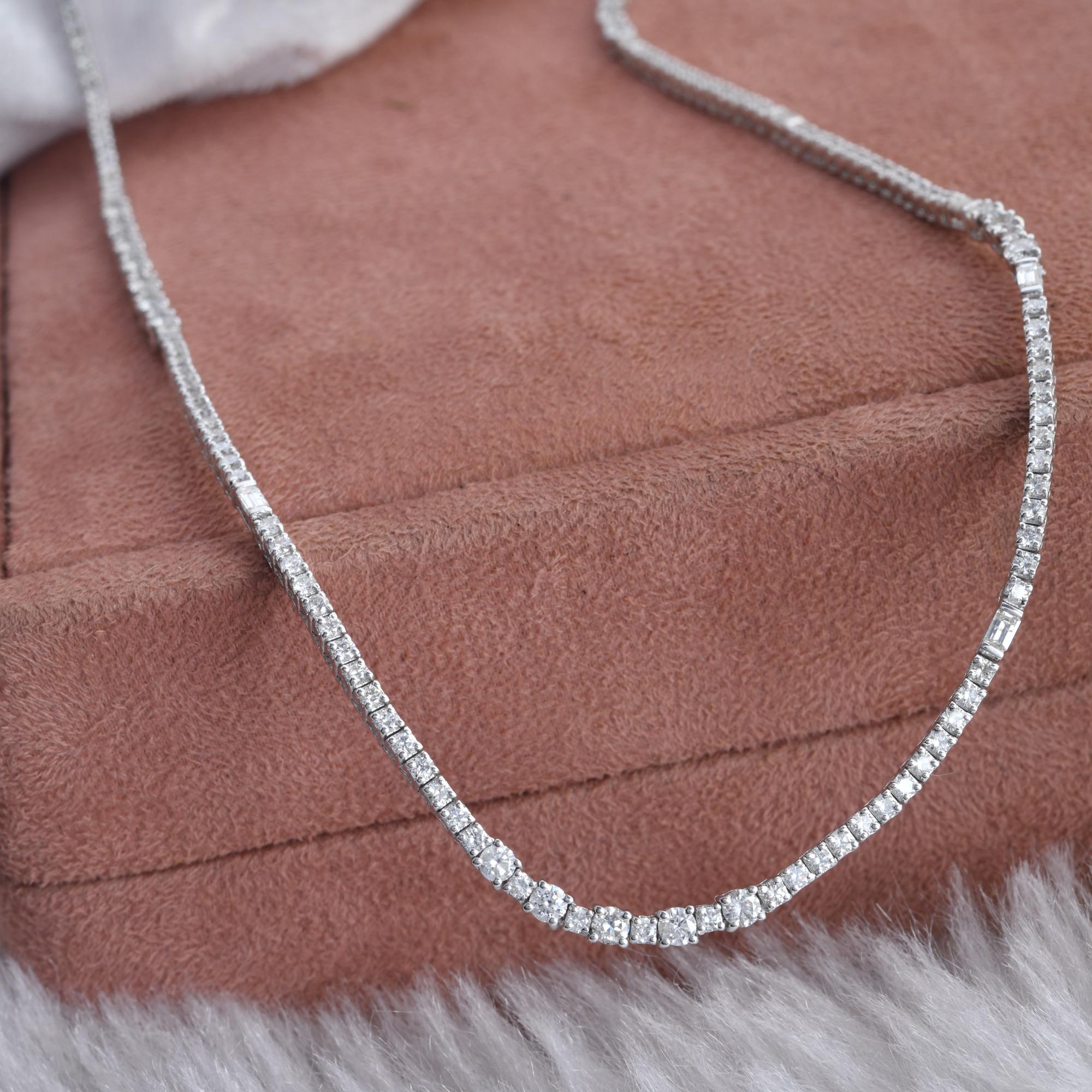 Round Cut 8.42 Carat SI Clarity HI Color Diamond Tennis Chain Necklace 14 Karat White Gold For Sale