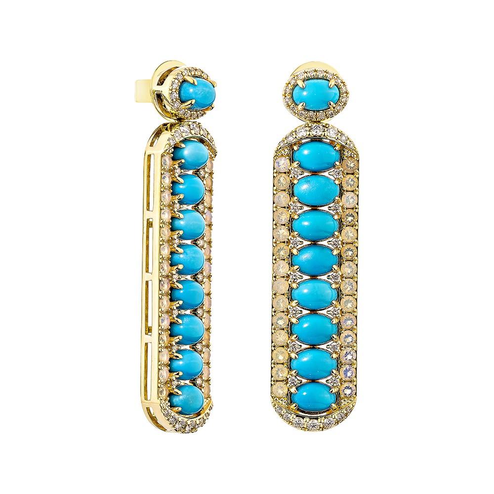 Sunita Nahata presents a one-of-a-kind collection of Turquoise Earrings, with a set in a traditional oval cut. These earrings exemplify the style and elegance that modern women wish to display, with the stones set in a single, straight line. Crafted
