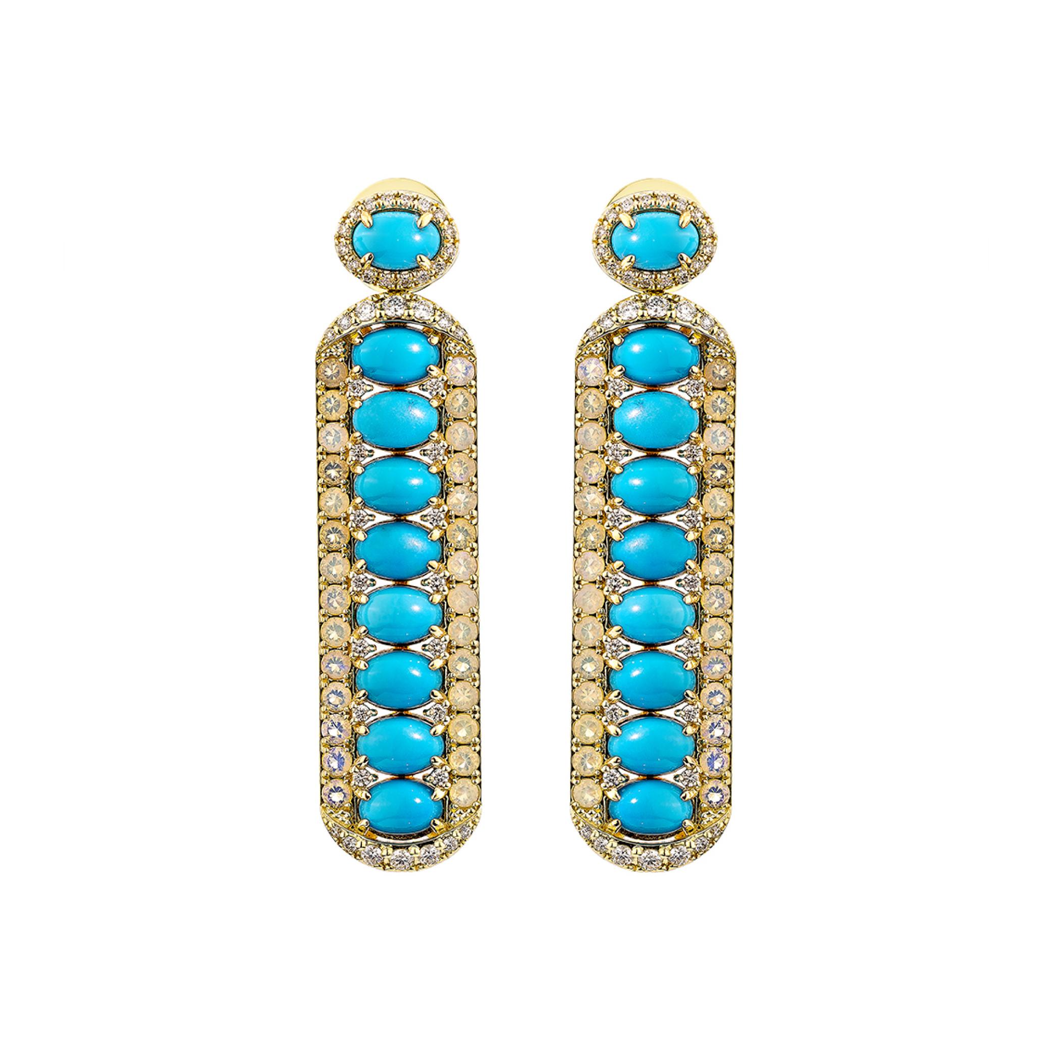 Contemporary 8.427 Carat Turquoise Drop Earring in 18KYG with Opal & White Diamond. For Sale
