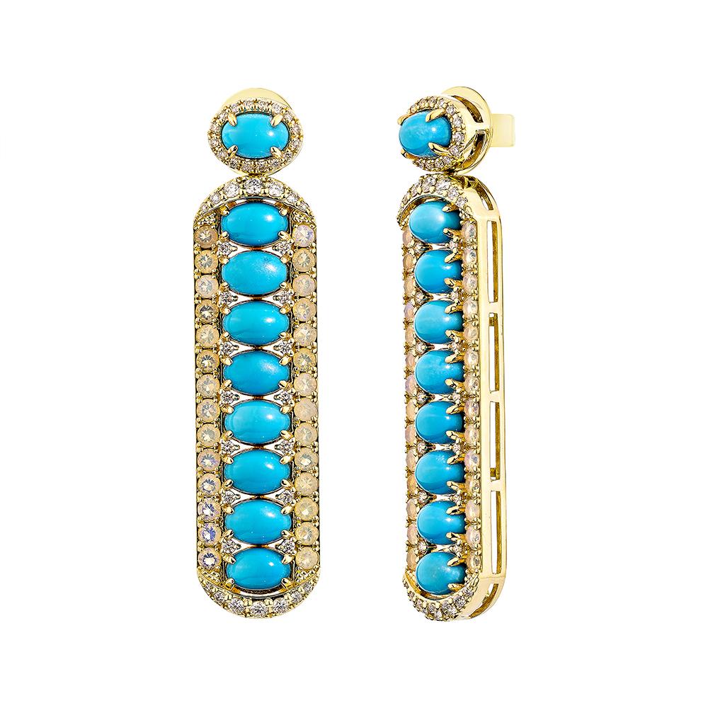Oval Cut 8.427 Carat Turquoise Drop Earring in 18KYG with Opal & White Diamond. For Sale