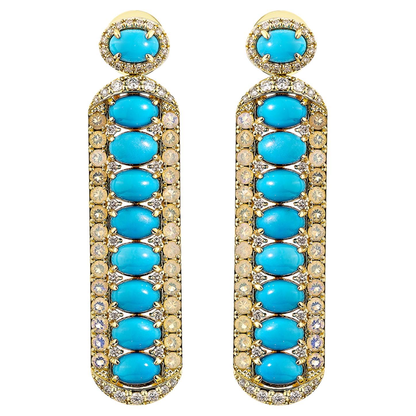 8.427 Carat Turquoise Drop Earring in 18KYG with Opal & White Diamond.