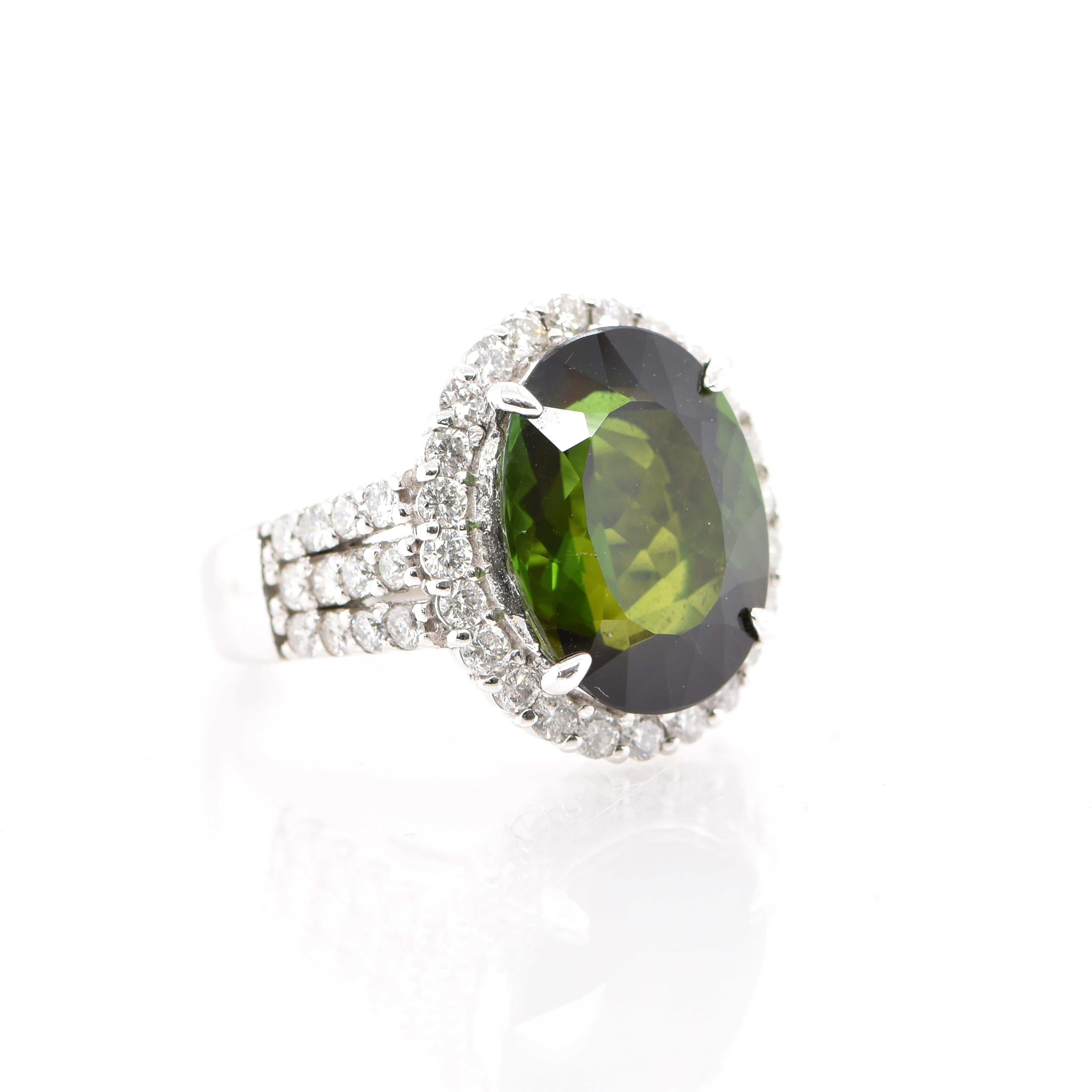 Oval Cut 8.43 Carat Green Tourmaline and Diamond Cocktail Ring Set in Platinum