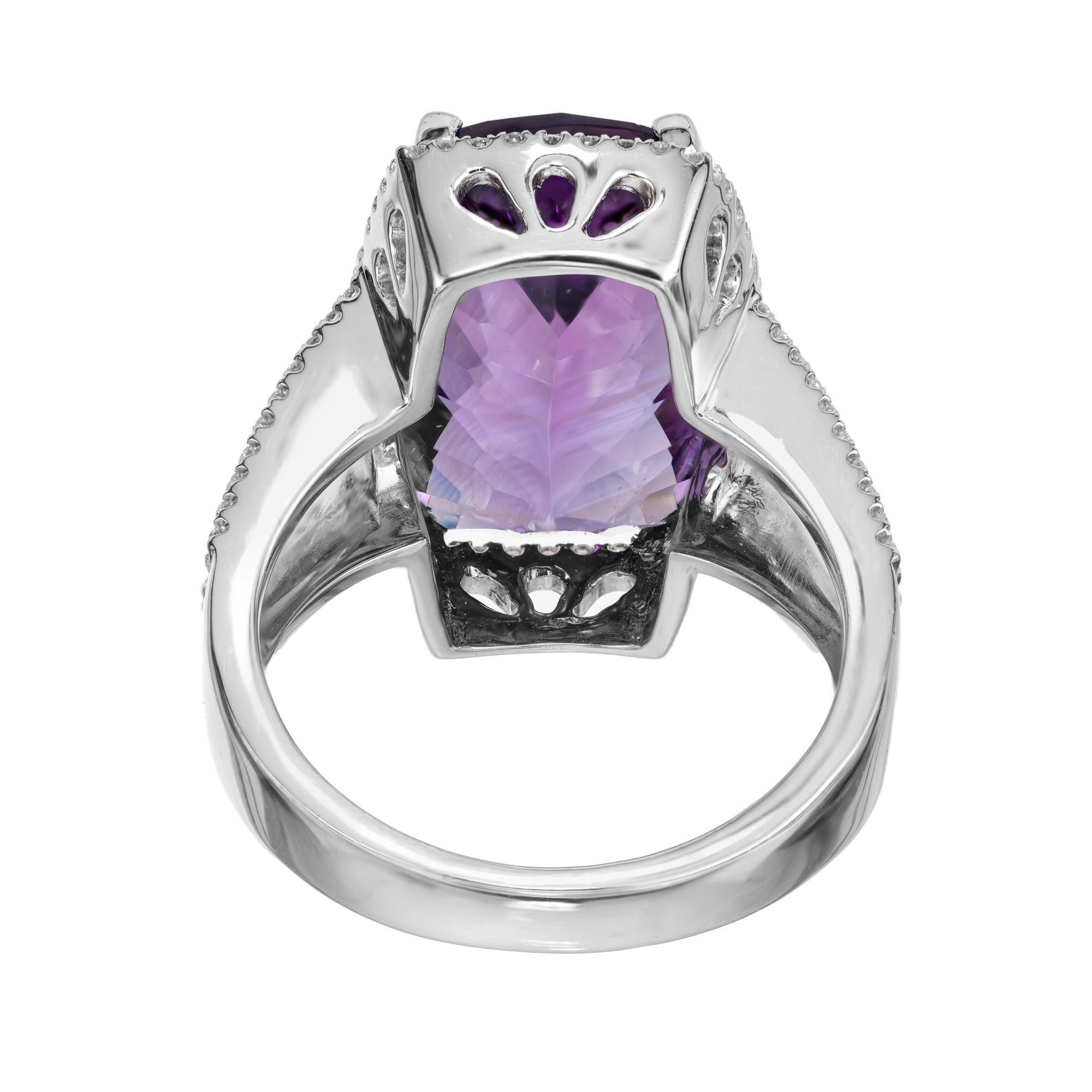 8.43 Carat Purple Cushion Amethyst Diamond Gold Halo Cocktail Ring In Good Condition For Sale In Stamford, CT