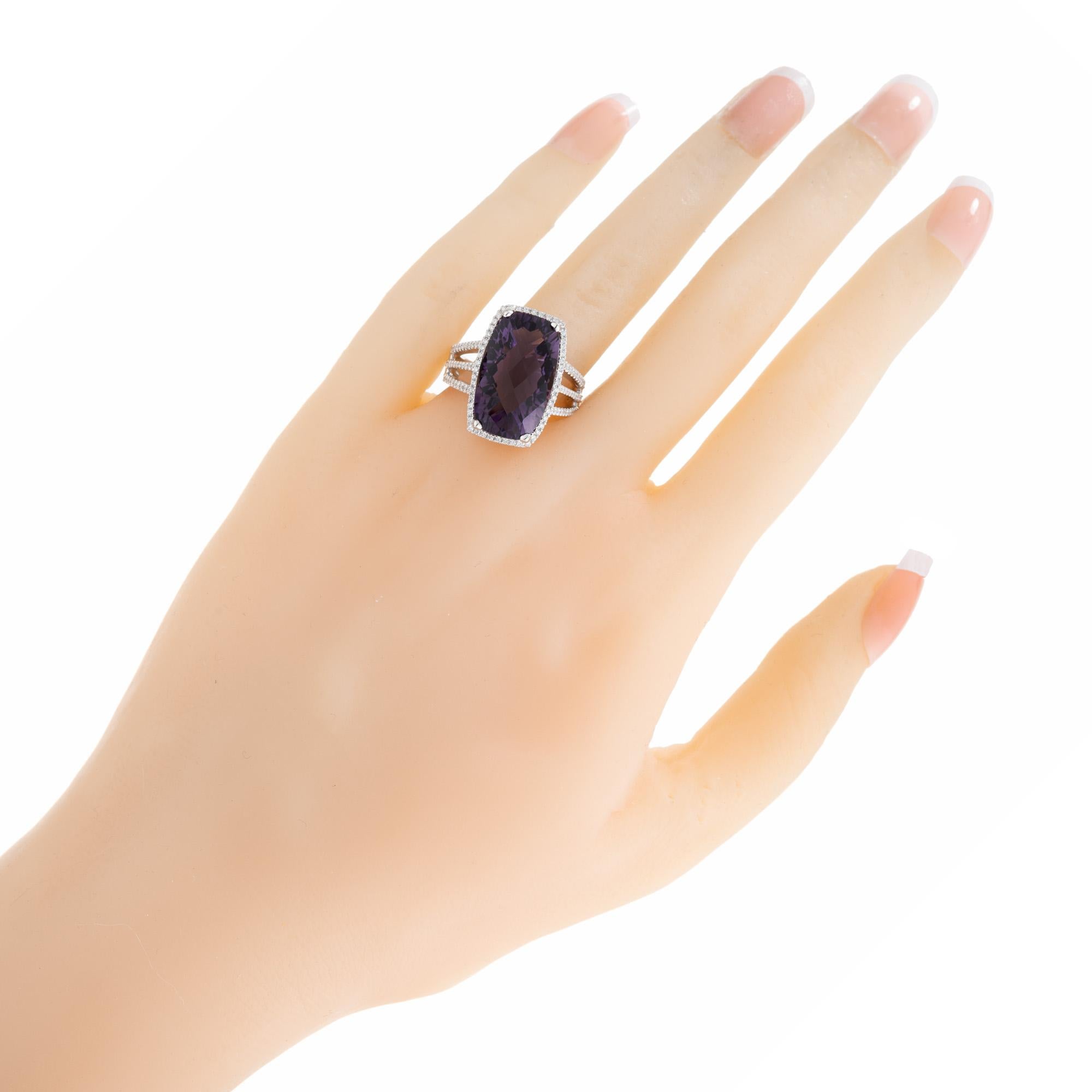 8.43 Carat Purple Cushion Amethyst Diamond Gold Halo Cocktail Ring For Sale 2