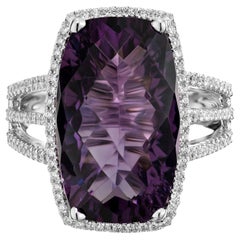 8.43 Carat Purple Cushion Amethyst Diamond Gold Halo Cocktail Ring