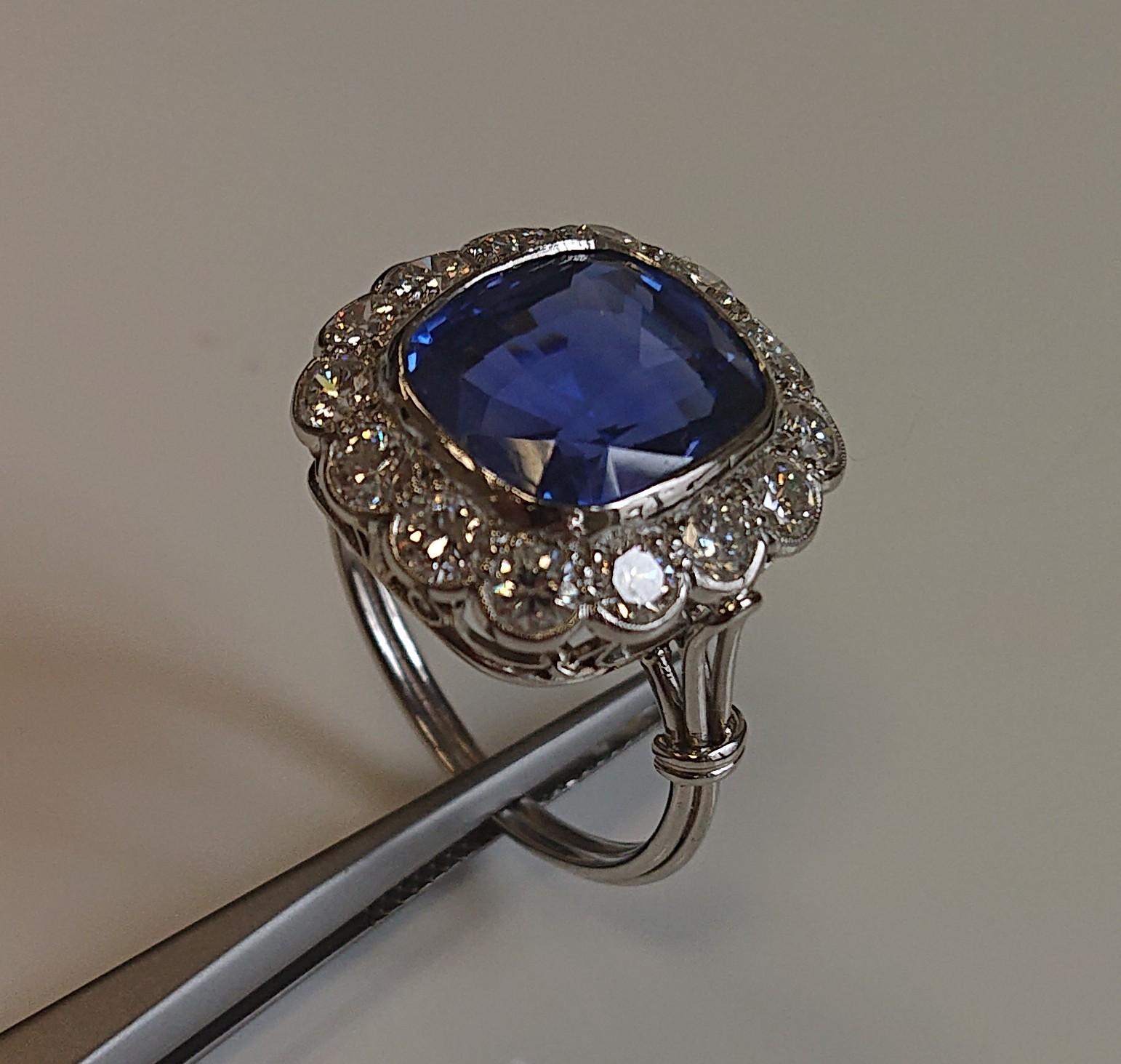 Women's 8.43 Carat Unheated Ceylon Sapphire Diamond and Platinum Cluster Ring