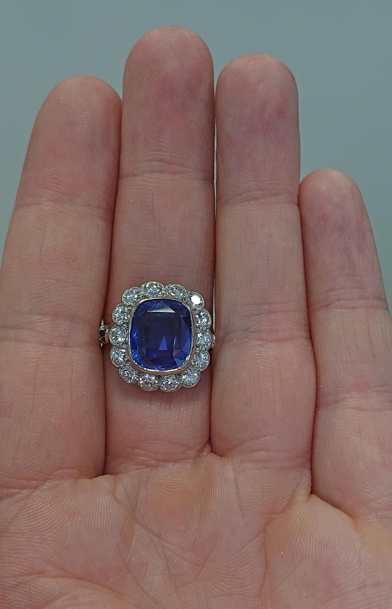 8.43 Carat Unheated Ceylon Sapphire Diamond and Platinum Cluster Ring 1