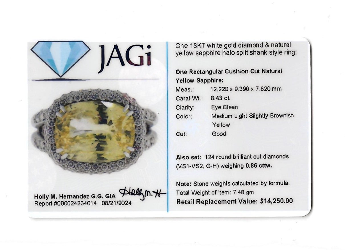 Bague cocktail en or blanc 18 carats avec saphir jaune de 8,43 carats et halo de diamants en vente 7