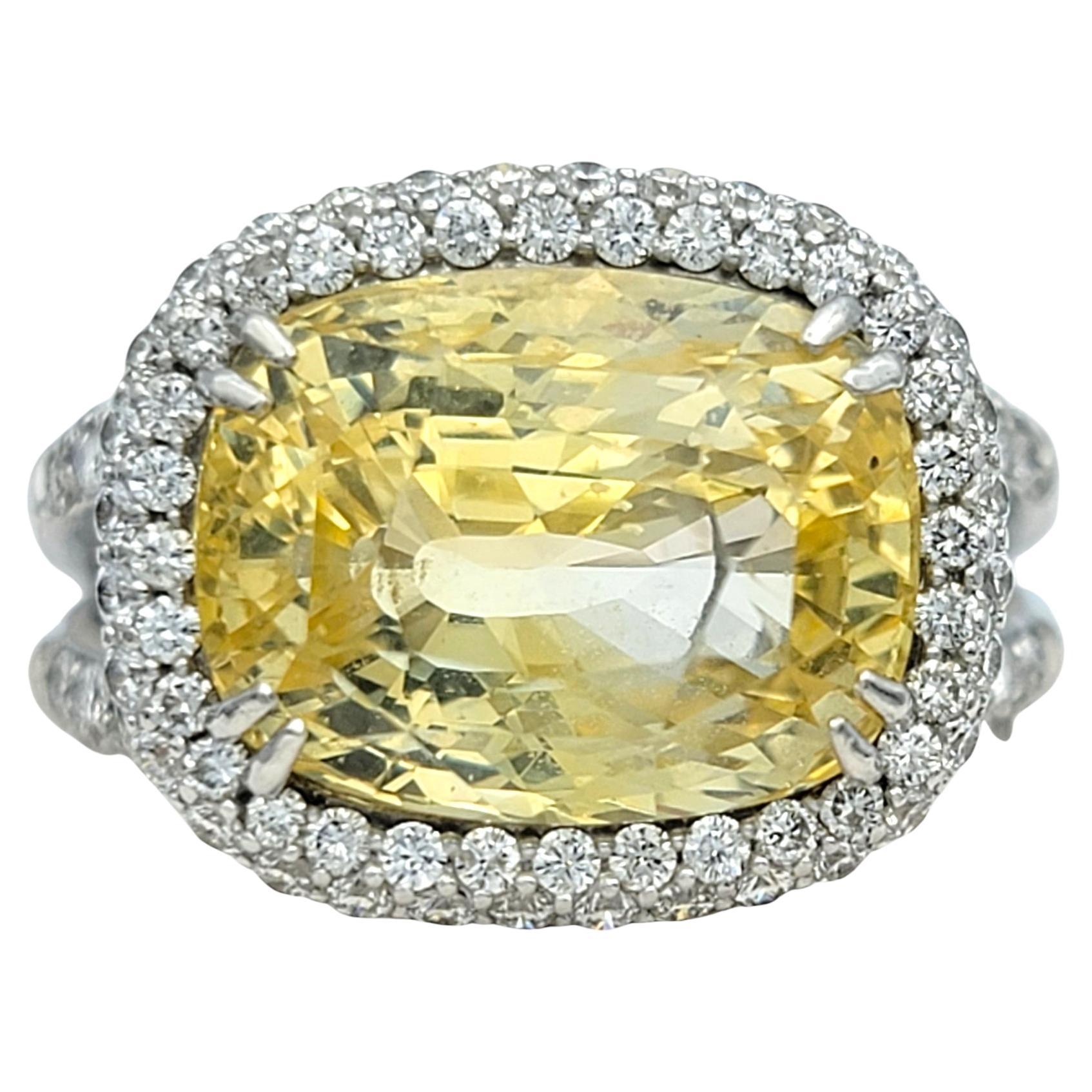 8.43 Carat Yellow Sapphire & Diamond Halo Cocktail Ring in 18 Karat White Gold