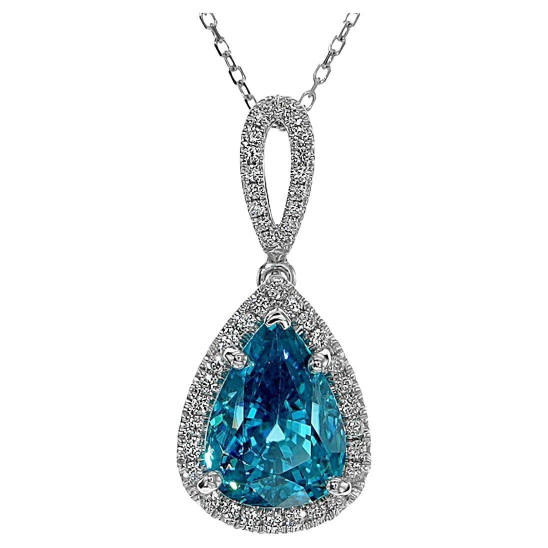 8.43 Carats Blue Zircon Pendant with 0.16 carats Diamonds and 14KWG Chain