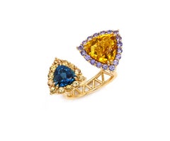 8,43 Karat Gelb Beryll Blauer Turmalin Tansanit Saphir 18K Gelbgold Ring