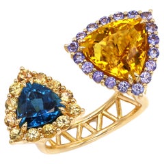 8.43 Carat Yellow Beryl Blue Tourmaline Tanzanite Sapphire 18K Yellow Gold Ring