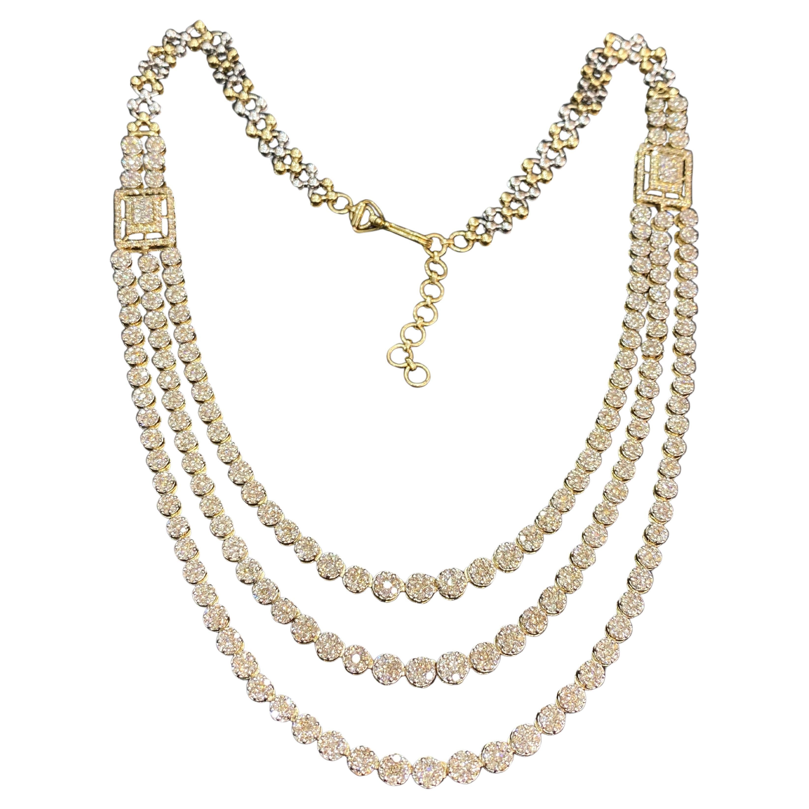 8.43 Cts F/VS1 Round Brilliant Diamonds 3-Strand Tennis Necklace 14K Yellow Gold For Sale