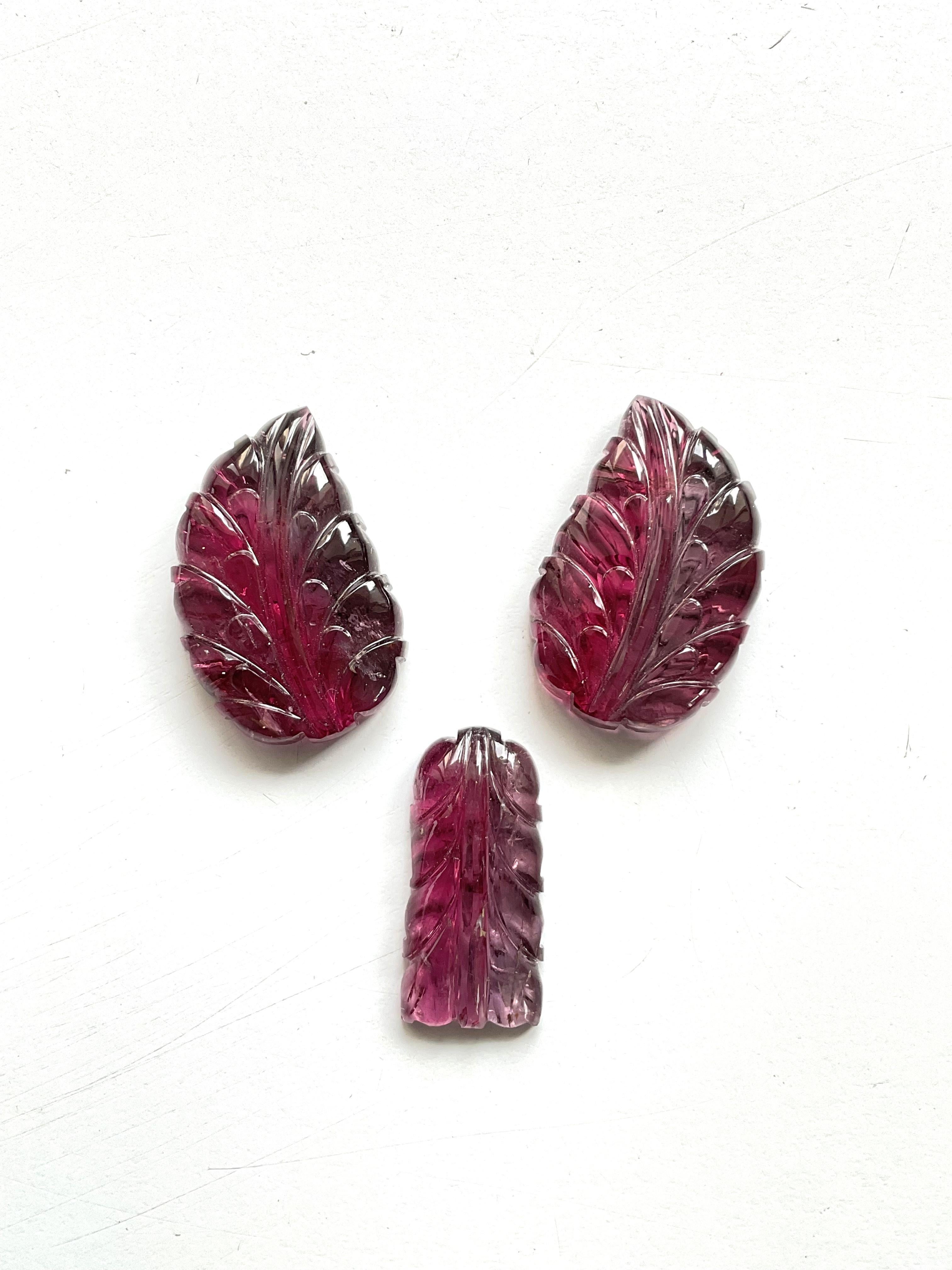 Art Deco 84.37 Carats Rubellite Tourmaline Carved Leaf 3 Pieces Fine jewelry Natural Gem For Sale