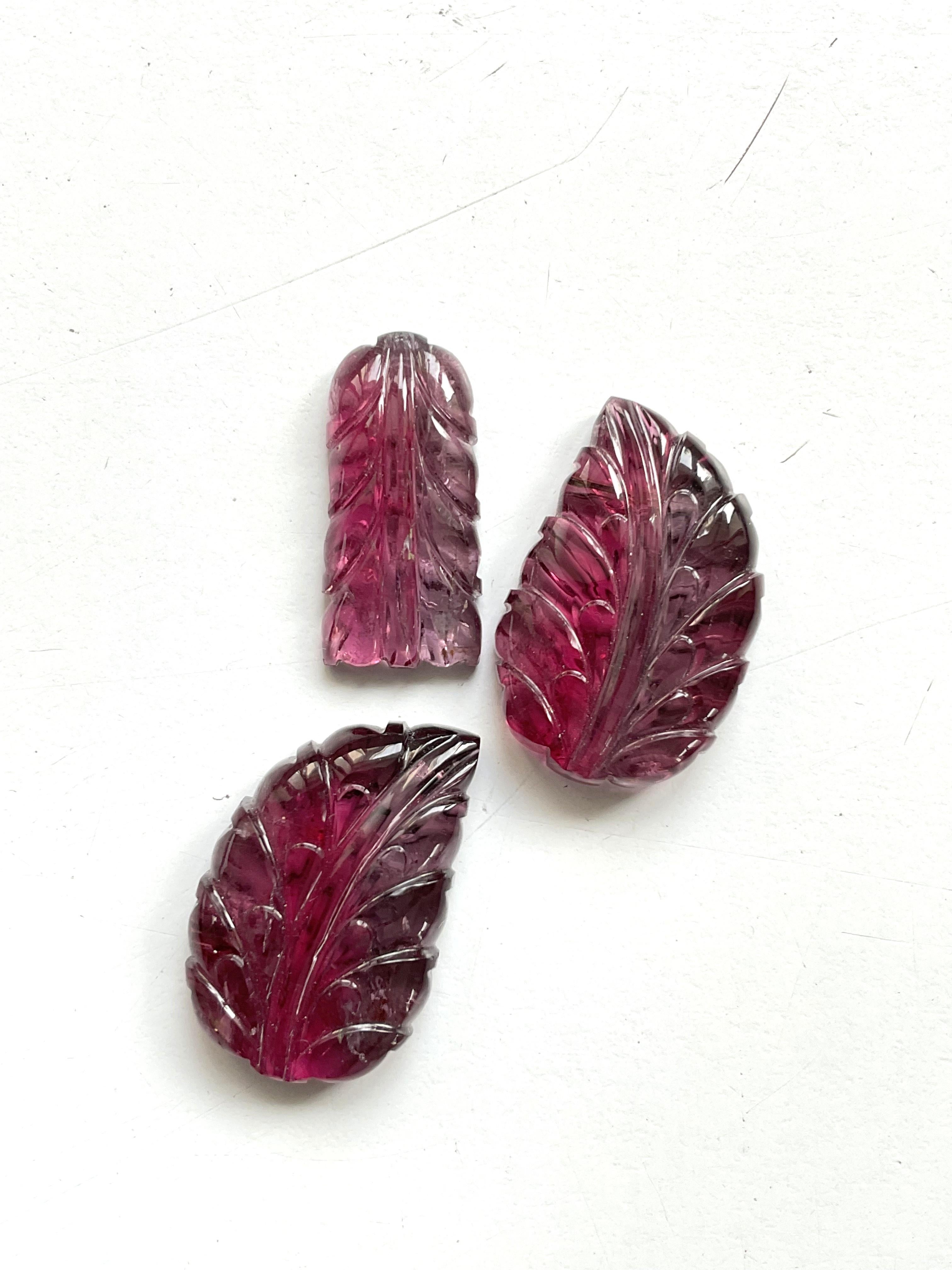 Mixed Cut 84.37 Carats Rubellite Tourmaline Carved Leaf 3 Pieces Fine jewelry Natural Gem For Sale