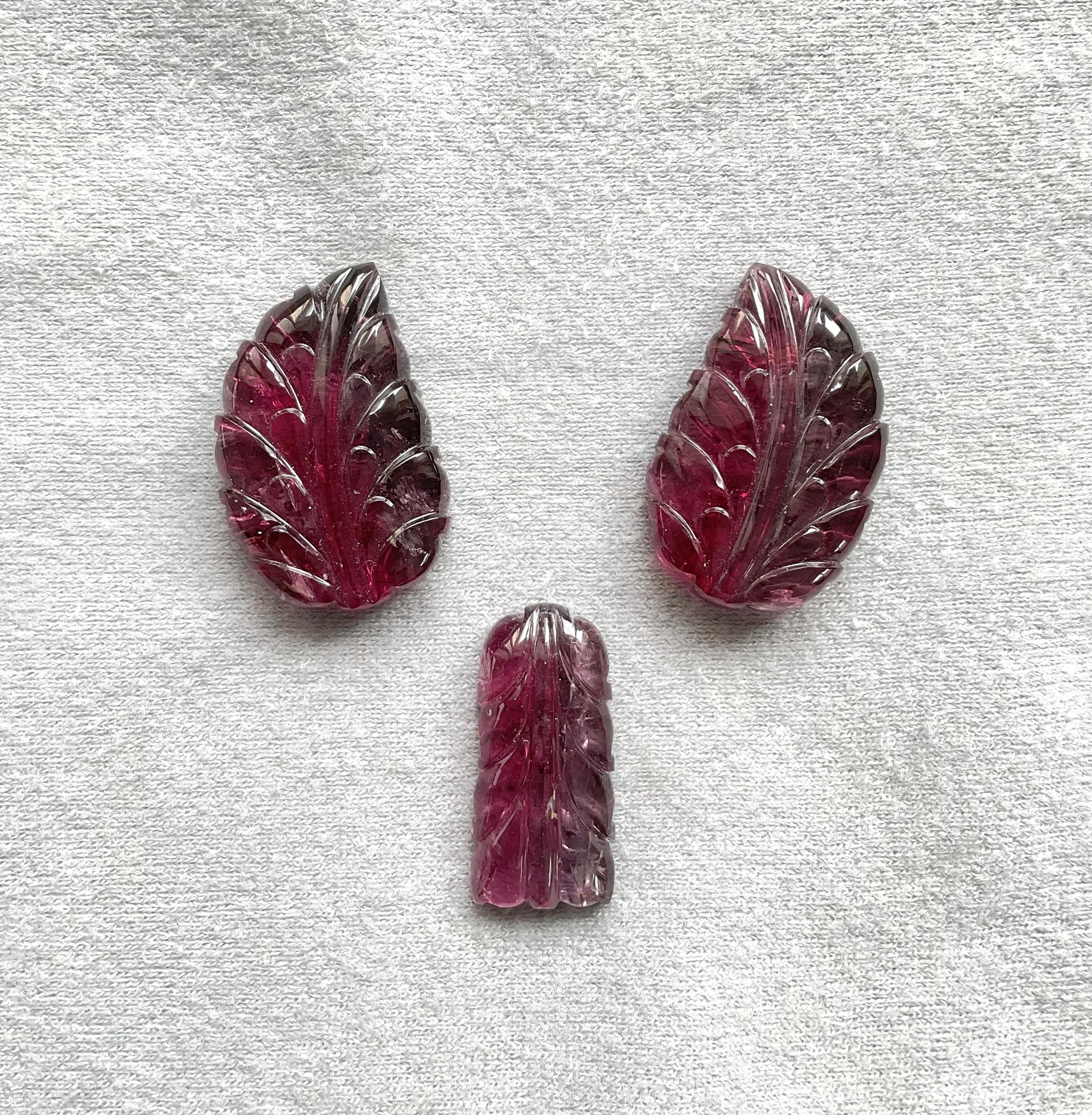 Women's or Men's 84.37 Carats Rubellite Tourmaline Carved Leaf 3 Pieces Fine jewelry Natural Gem For Sale