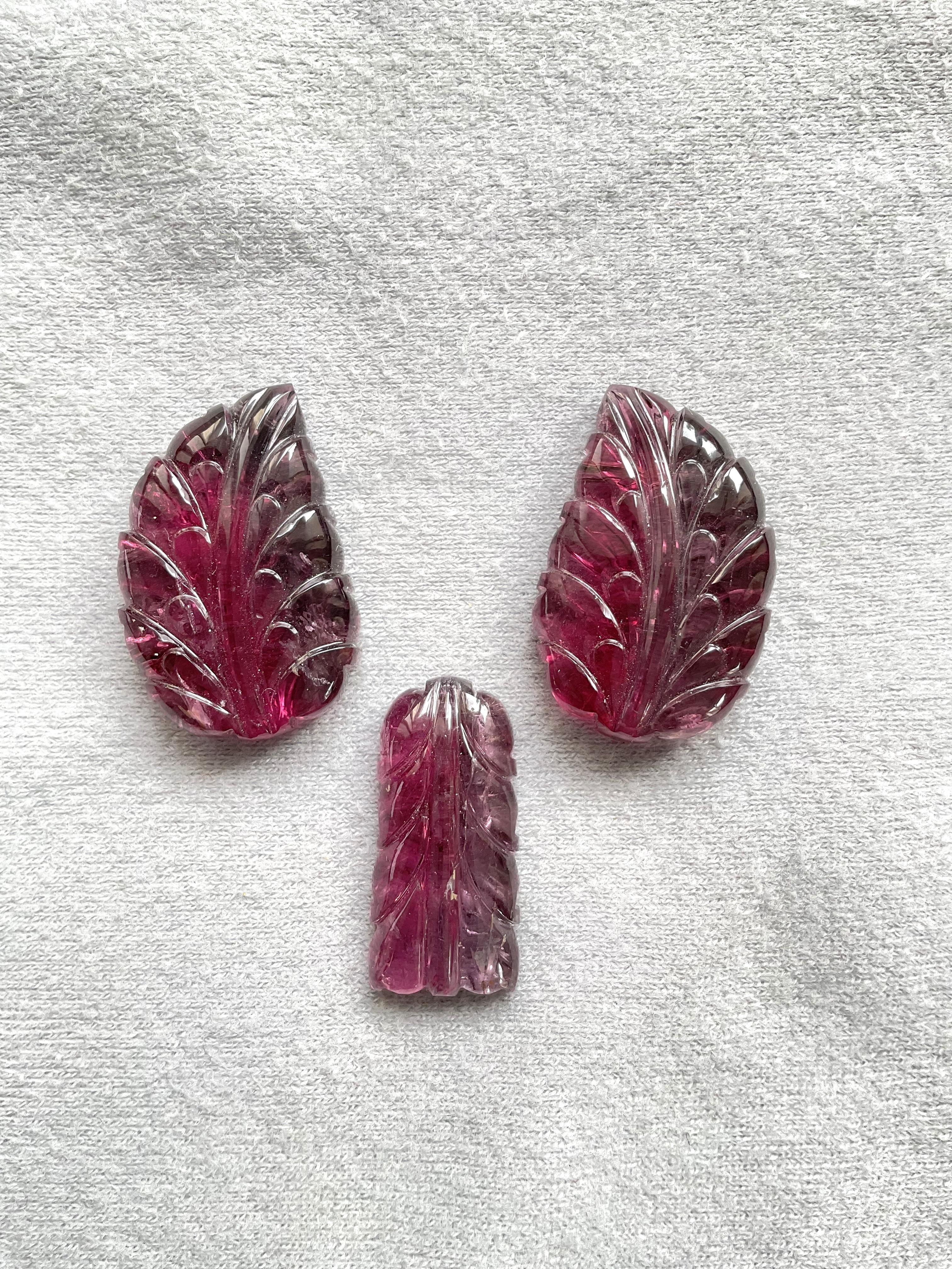 84.37 Carats Rubellite Tourmaline Carved Leaf 3 Pieces Fine jewelry Natural Gem For Sale 1