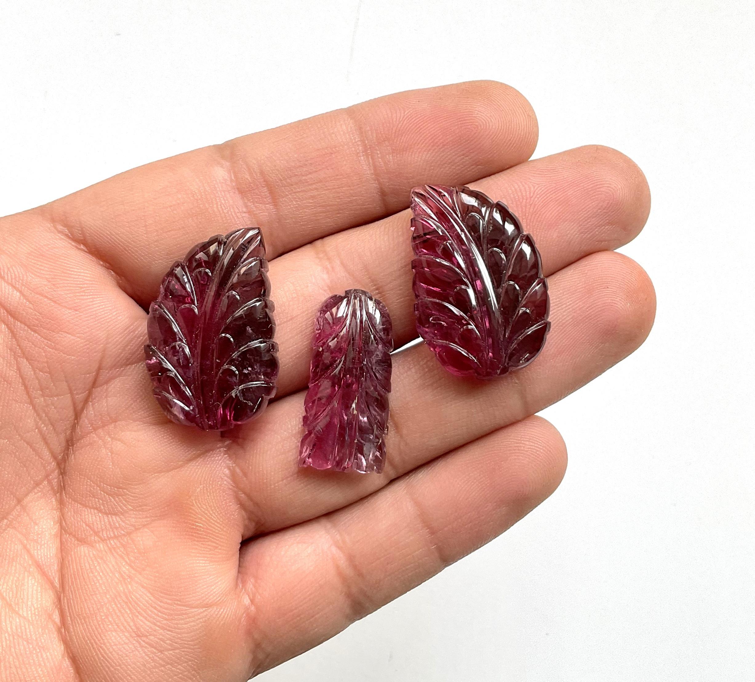 84.37 Carats Rubellite Tourmaline Carved Leaf 3 Pieces Fine jewelry Natural Gem For Sale 2