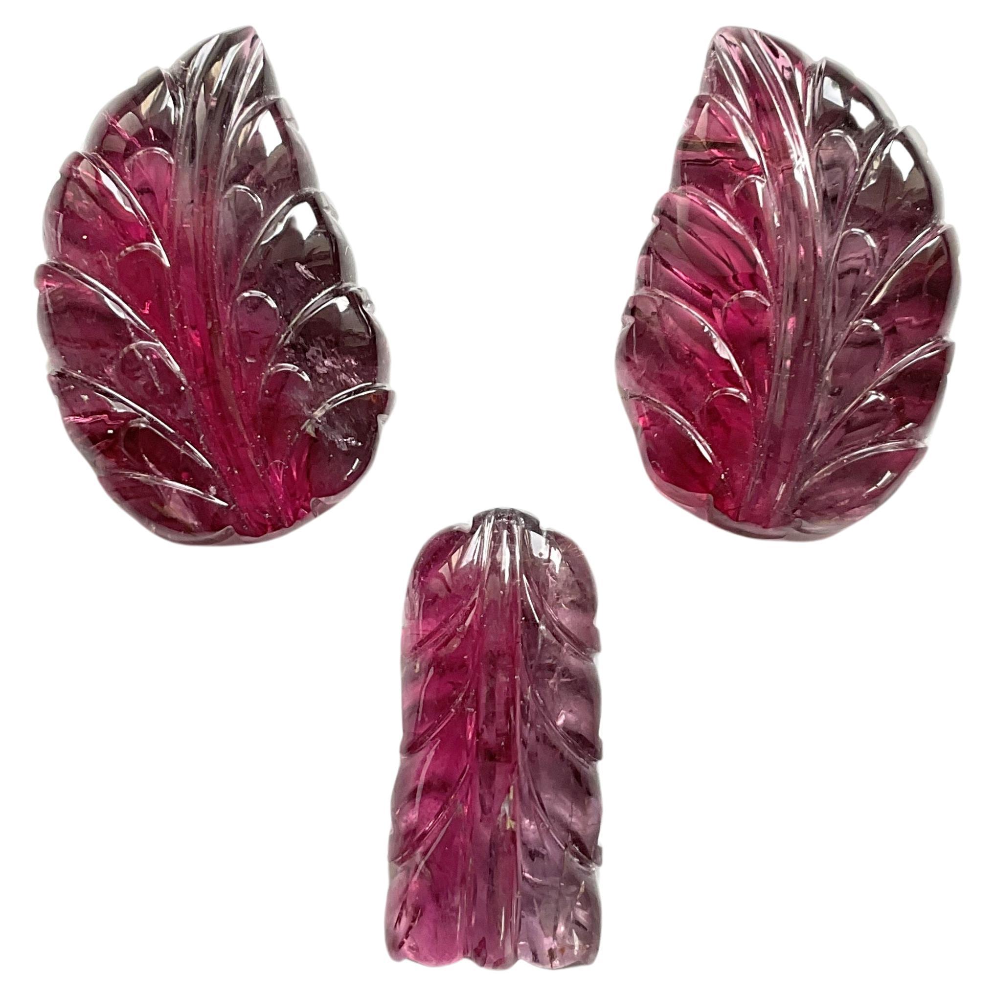 84.37 Carats Rubellite Tourmaline Carved Leaf 3 Pieces Fine jewelry Natural Gem For Sale