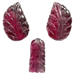 84.37 Carats Rubellite Tourmaline Carved Leaf 3 Pieces Fine jewelry Natural Gem