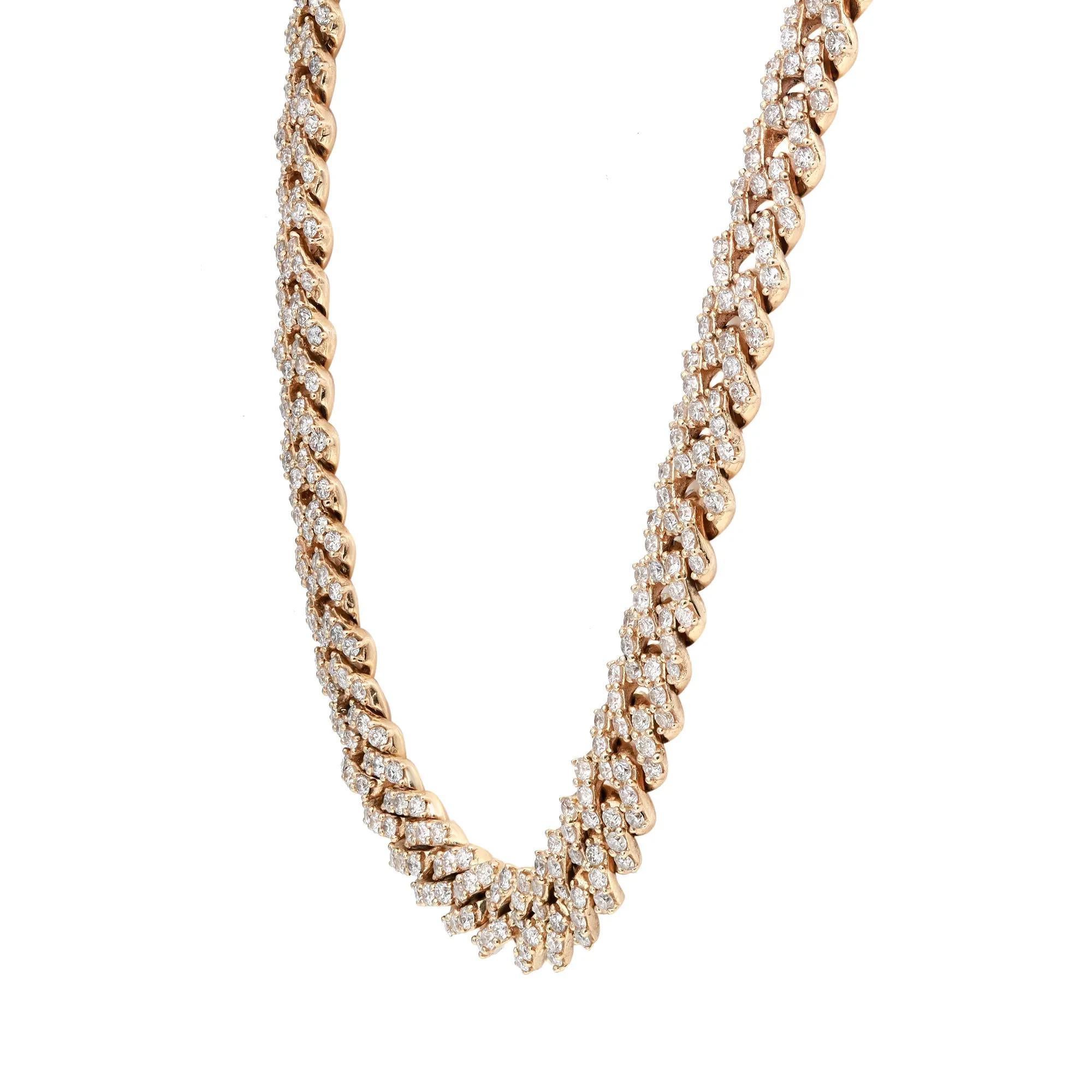This luxury full diamond Cuban link statement necklace is set with 801 pave set round brilliant cut shimmering diamonds totaling 8.43 carats. Diamond quality: H color and SI-I clarity. Beautifully handcrafted in 18K yellow gold. This necklace is
