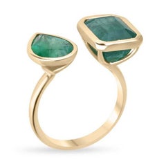 8.43tcw 18K Dark Green Emerald Toi et Moi Ring - Emerald & Pear Cut Bezel Set