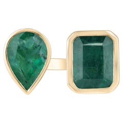 8.43tcw 18K Dark Green Emerald Toi et Moi Ring - Emerald & Pear Cut Bezel Set