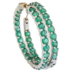 8.44 Carat Emerald Round Hoop Earrings 14 Karat White Gold