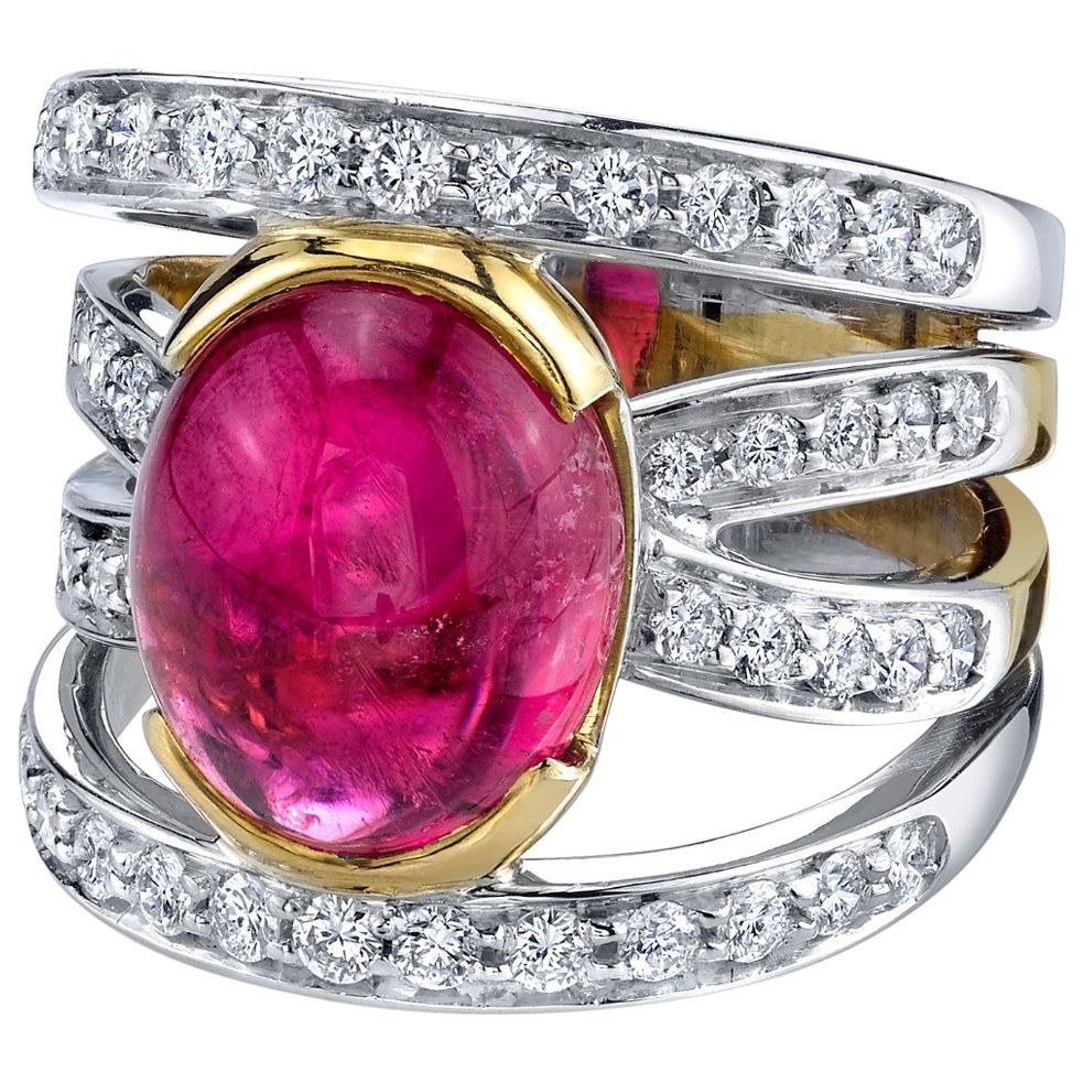 8.44 Carat Pink Tourmaline Cabochon and Diamond Band Ring in 18k Gold For Sale