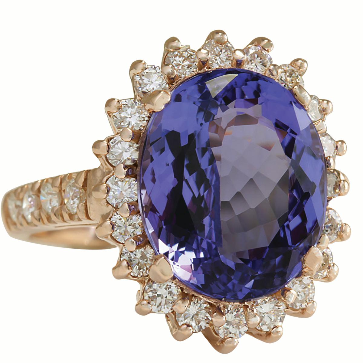 8.44 Carat Tanzanite 14 Karat Rose Gold Diamond Ring
Stamped: 14K Rose Gold
Total Ring Weight: 6.2 Grams
Total  Tanzanite Weight is 7.44 Carat (Measures: 13.00x11.00 mm)
Color: Blue
Total  Diamond Weight is 1.00 Carat
Color: F-G, Clarity: