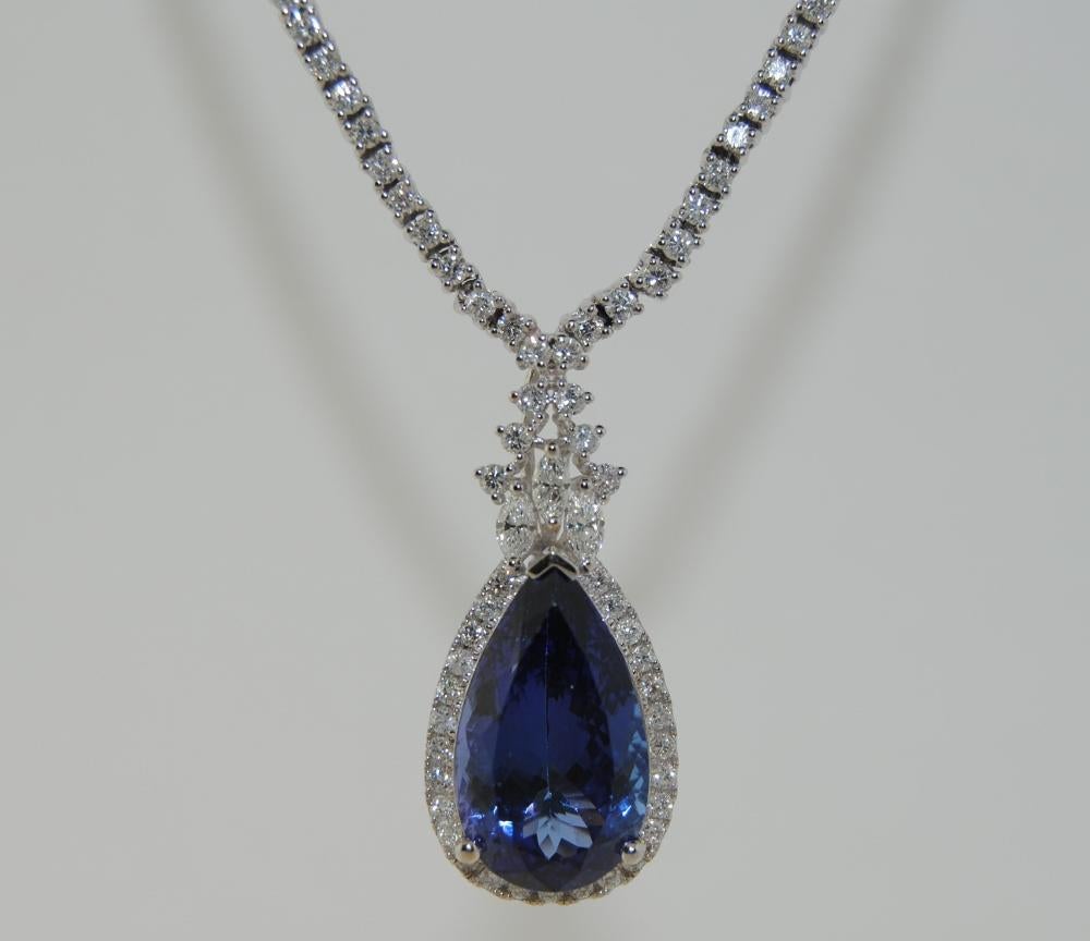 Ideally cut 8.44 Carat Pear Shape Tanzanite set in an 18k White Gold with 3.04 Carat Marquise and Round White Diamonds Necklace

