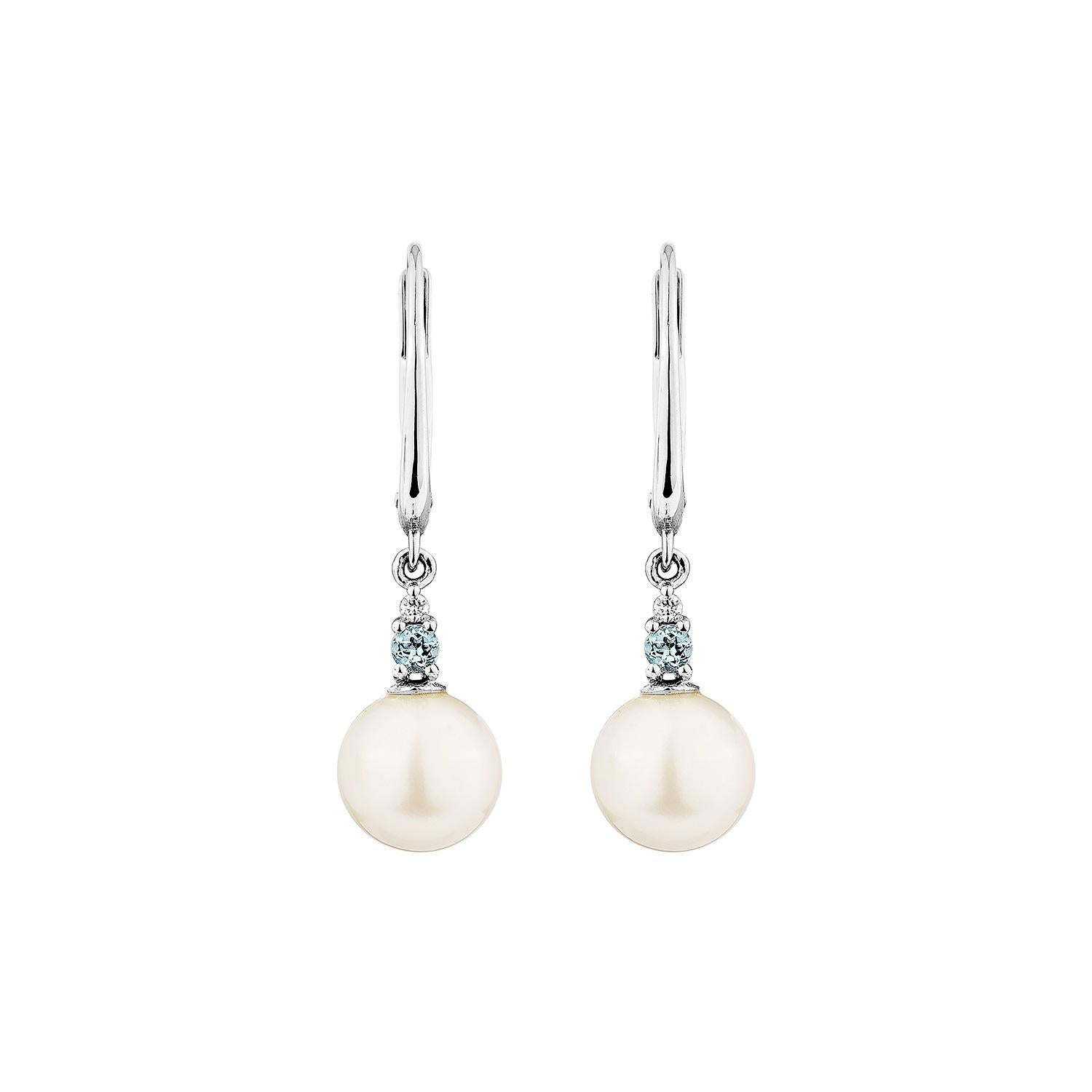 Modern  8.44 Carat White Pearl Drop Earring in 14KWG with Swiss Blue Topaz & Diamond. For Sale
