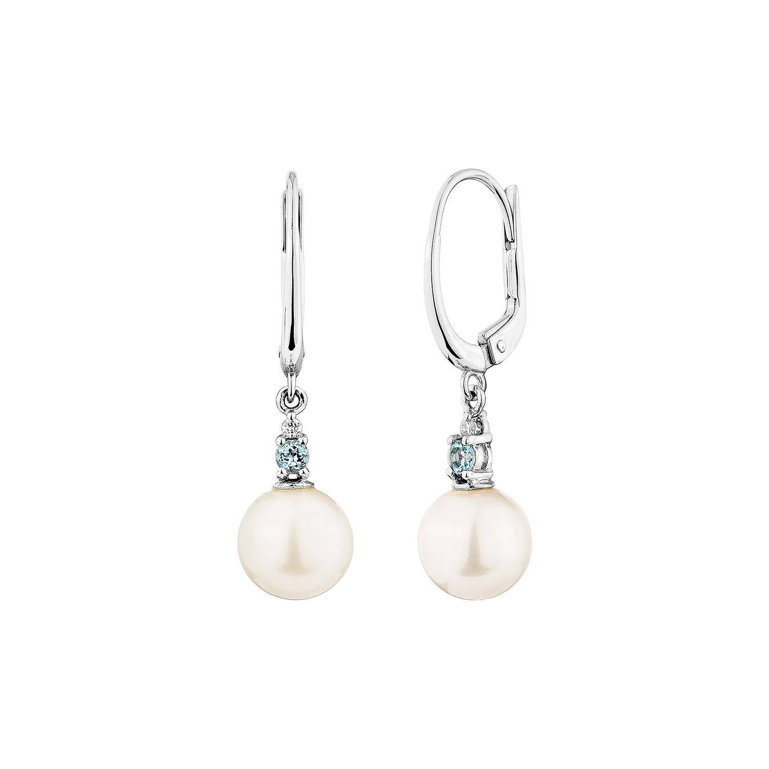 Round Cut  8.44 Carat White Pearl Drop Earring in 14KWG with Swiss Blue Topaz & Diamond. For Sale