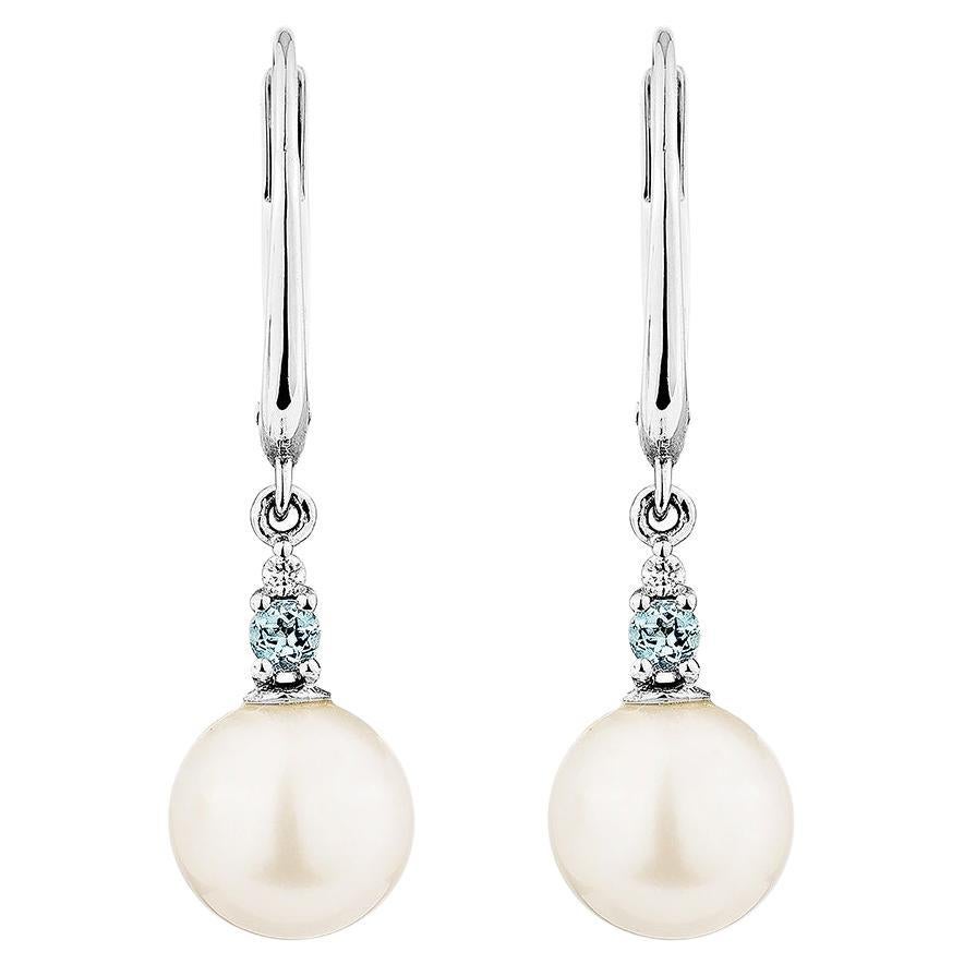  8,44 Karat Weißer Perlen-Tropfen-Ohrring aus 14KWG mit Schweizer blauem Topas und Diamant.