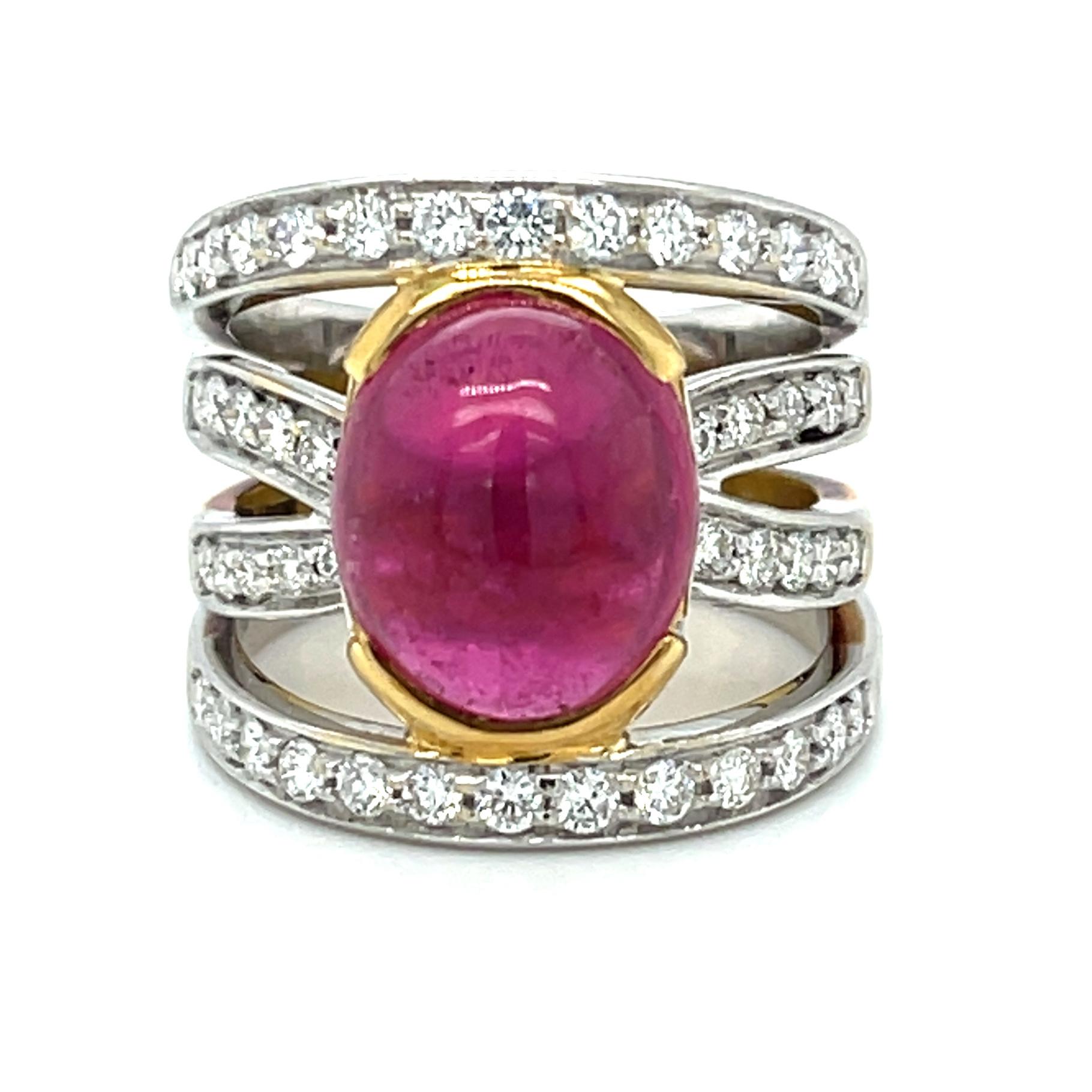 Artisan 8.44 Carat Pink Tourmaline Cabochon and Diamond Band Ring in 18k Gold For Sale