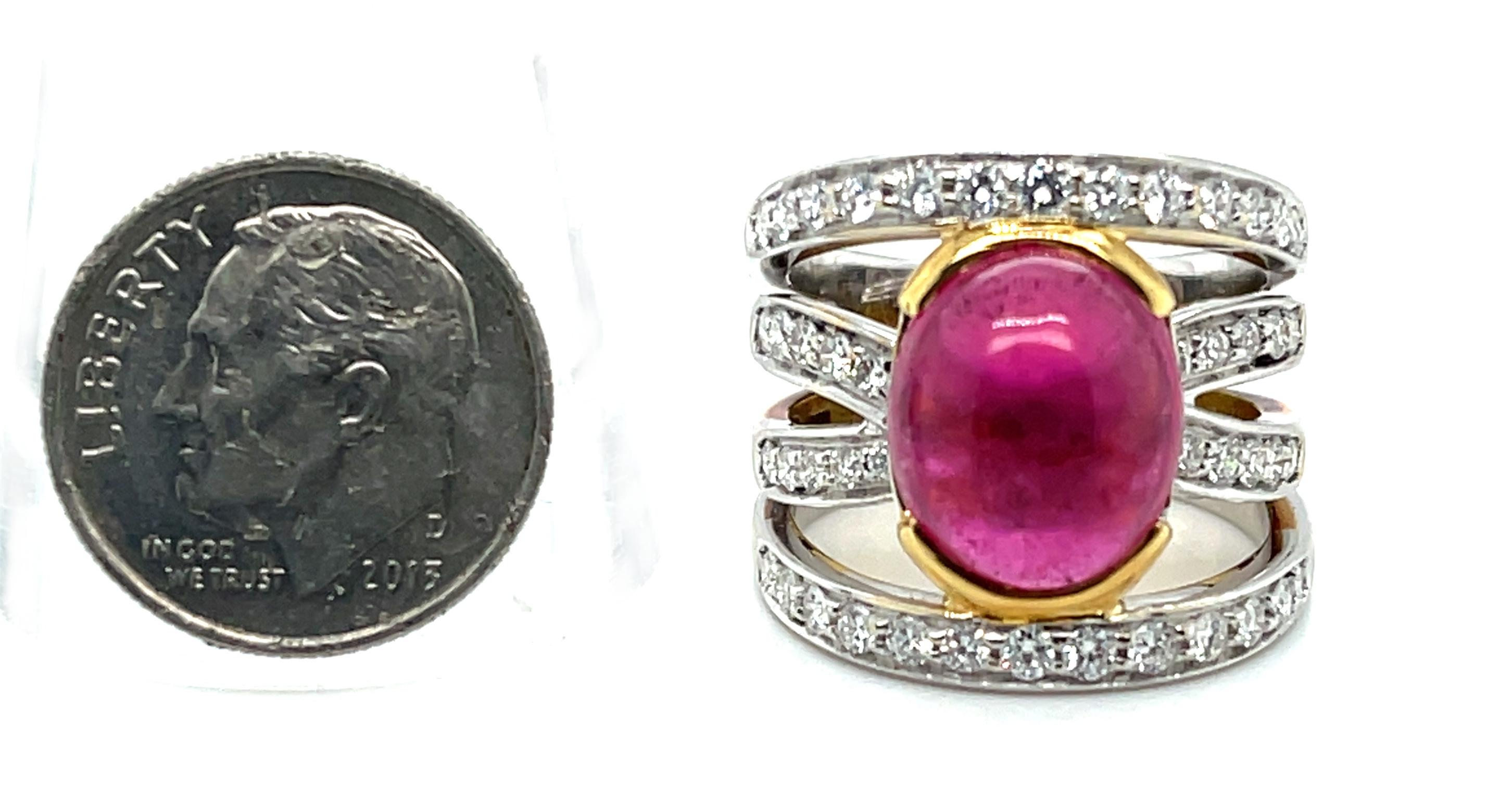 8.44 Carat Pink Tourmaline Cabochon and Diamond Band Ring in 18k Gold In New Condition For Sale In Los Angeles, CA