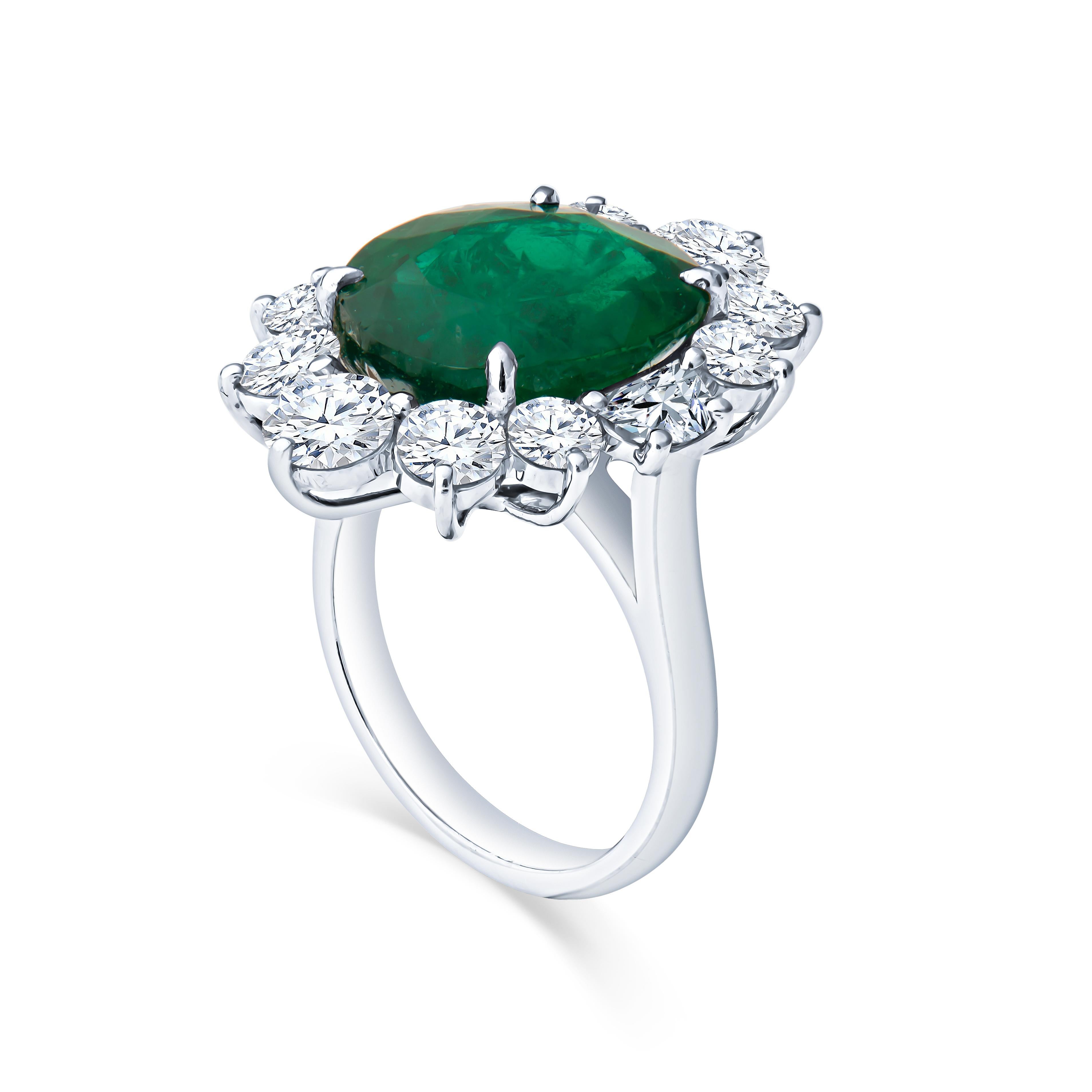 Oval Cut 8.44 Carat Oval Emerald with 3.35 Carat in Diamond Floral Halo Platinum Ring