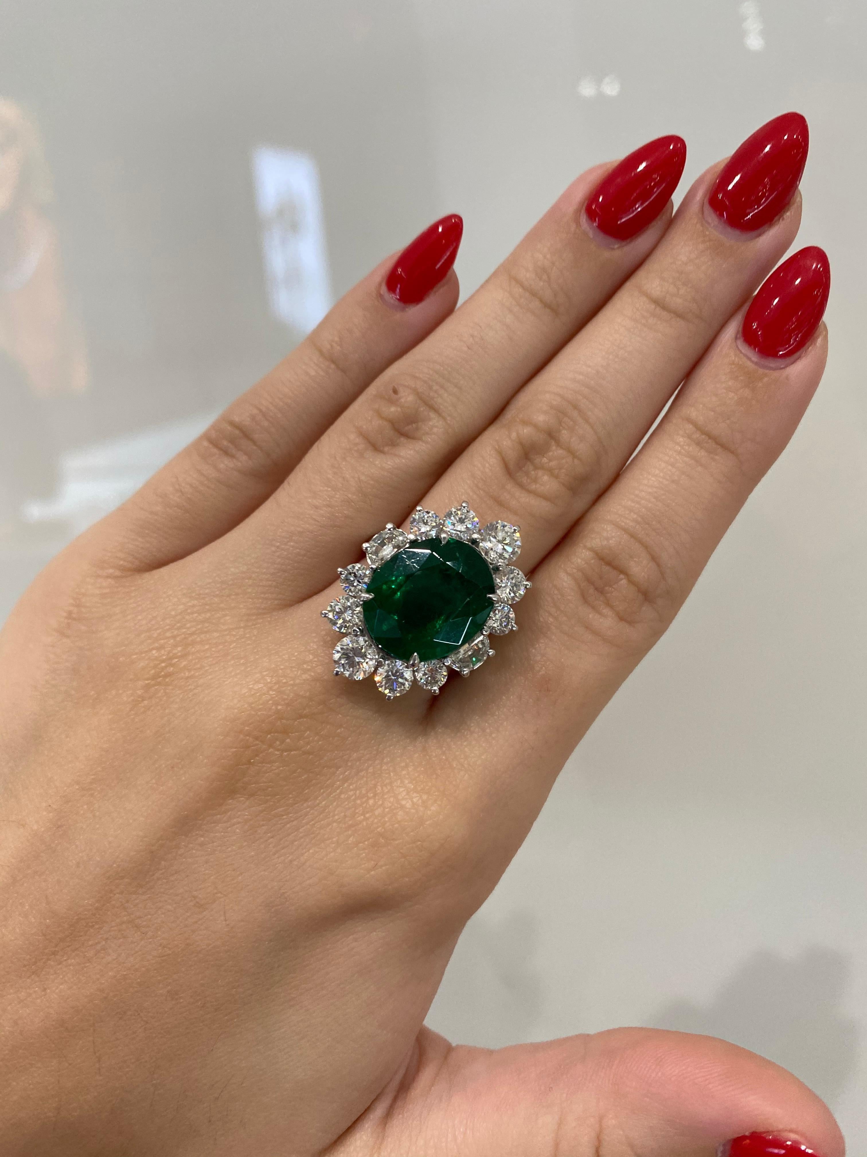 8.44 Carat Oval Emerald with 3.35 Carat in Diamond Floral Halo Platinum Ring In New Condition In Houston, TX