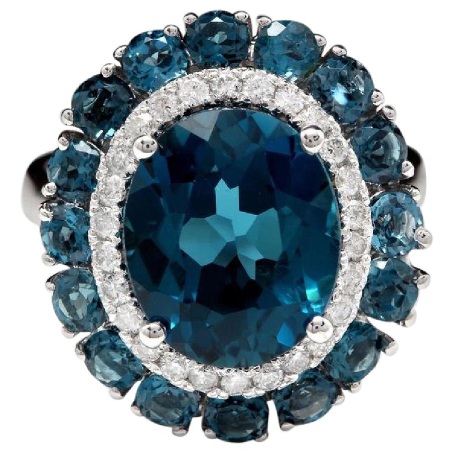 8.45 Carat Natural Impressive London Blue Topaz and Diamond 14k White Gold Ring For Sale