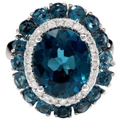 8.45 Carat Natural Impressive London Blue Topaz and Diamond 14k White Gold Ring