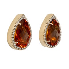 8.45 Carat Pear Citrine Diamond Halo Yellow Gold Earrings