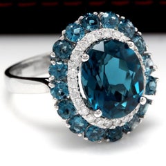 8.45 Carat Natural Impressive London Blue Topaz and Diamond 14k White Gold Ring