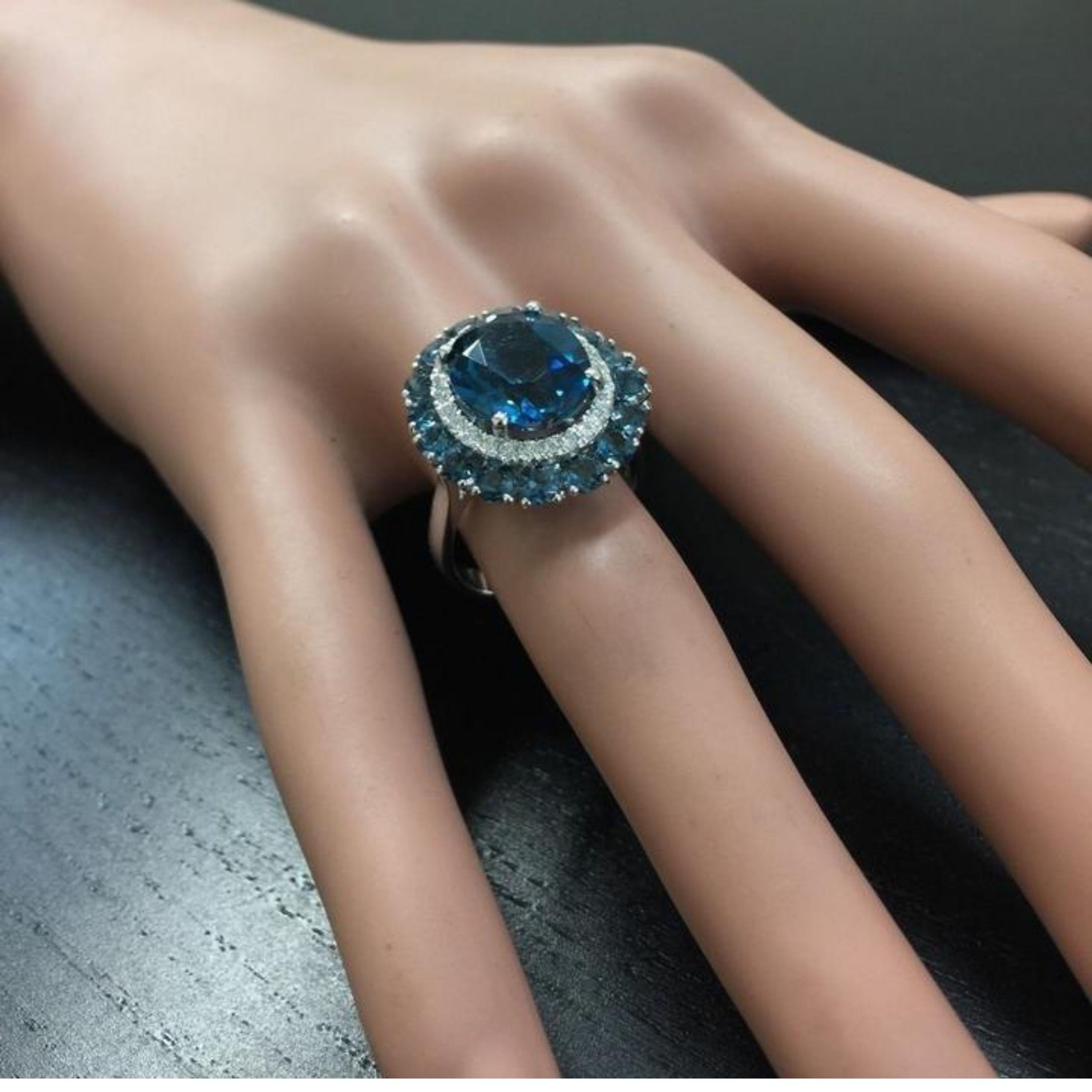 Mixed Cut 8.45 Carat Natural Impressive London Blue Topaz and Diamond 14k White Gold Ring For Sale