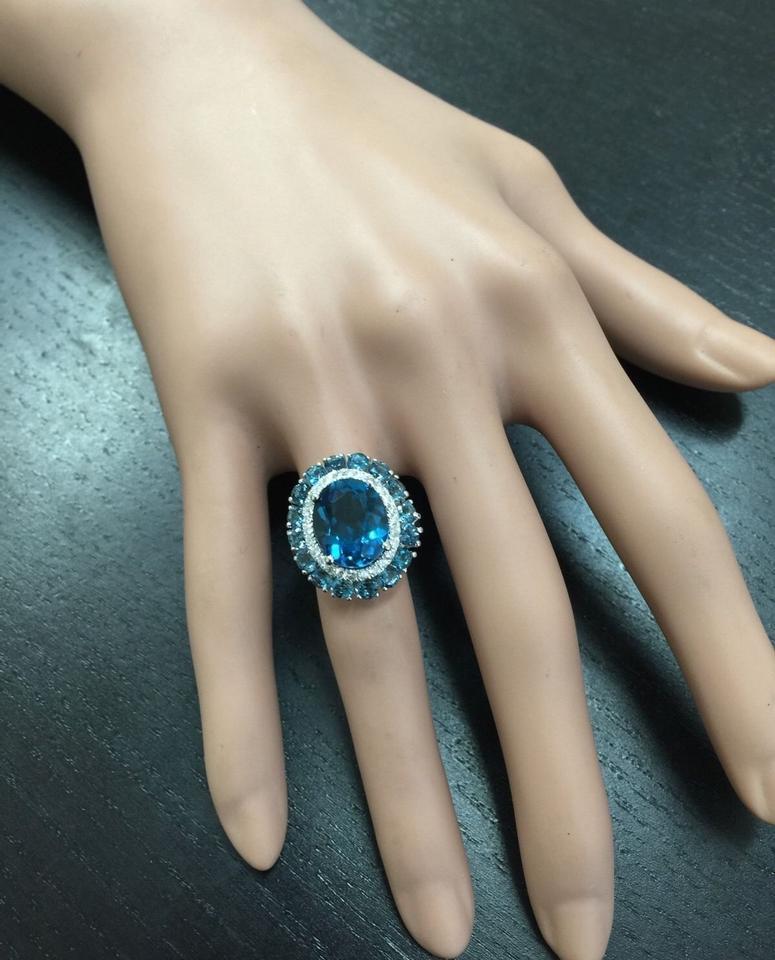 Women's 8.45 Carat Natural Impressive London Blue Topaz and Diamond 14k White Gold Ring For Sale