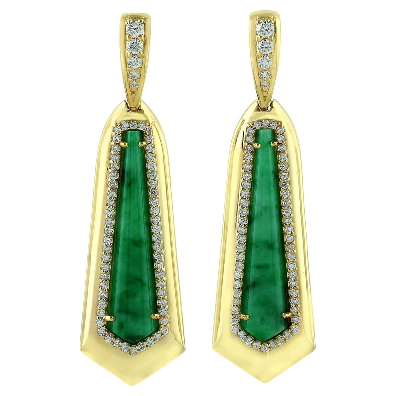 8.45 ct Jade Dangle Earrings With diamonds Made In 18k Yellow Gold For Sale